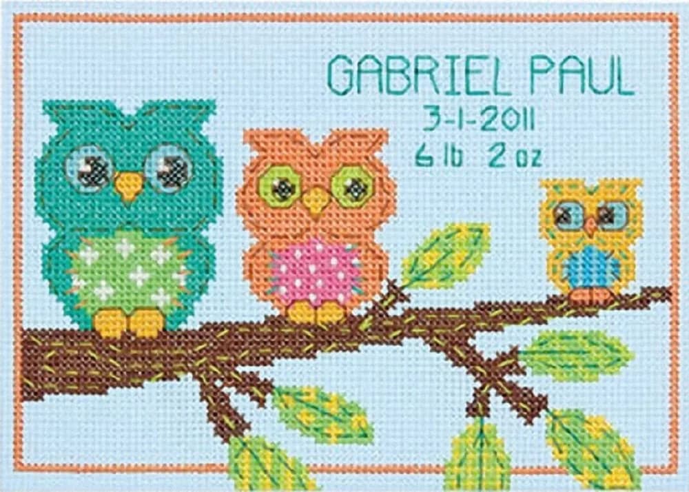 Dimensions Owl Mini Birth Record Counted Cross Stitch Kit 18cm x 13cm (7" x 5") | Customizable Baby Gift - main product image
