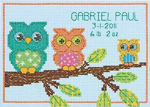 Dimensions Owl Mini Birth Record Counted Cross Stitch Kit 18cm x 13cm (7" x 5") | Customizable Baby Gift thumbnail 1