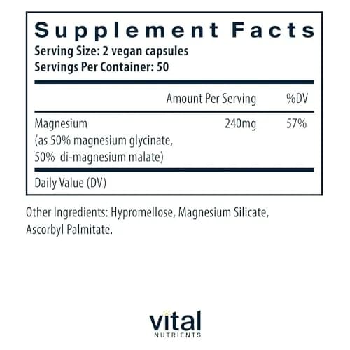 Vital Nutrients Magnesium Glycinate + Malate 240mg | Supports Heart & Bone Health, 100 Capsules thumbnail 2