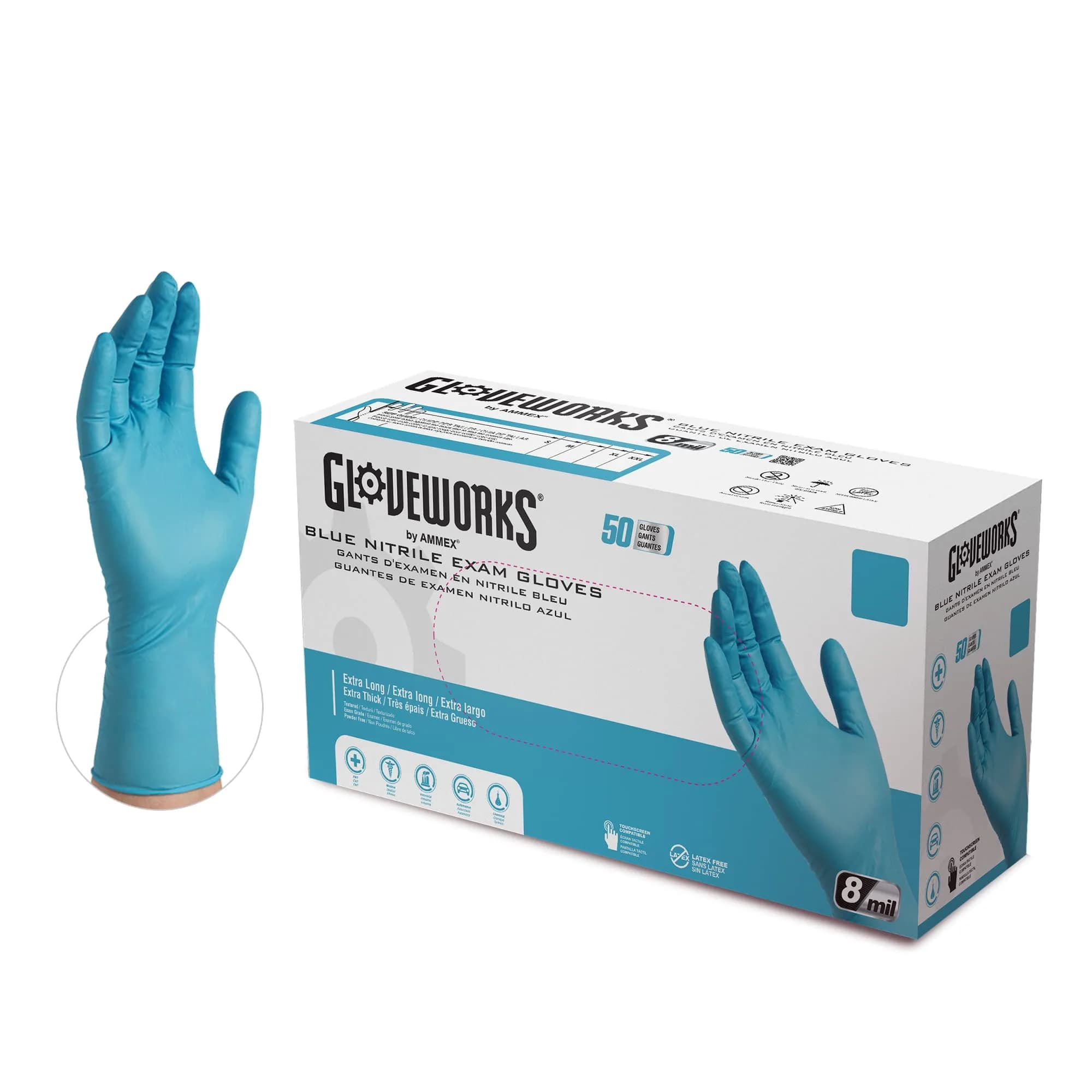 GLOVEPLUS HD Medical Blue Nitrile Gloves 8 mil, 12" Long | Powder-Free, Textured, Latex-Free, Extra Large — X-Large