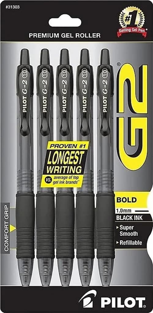 PILOT G2 Premium Rolling Ball Gel Pens, 1.0 mm Bold Point, Black Ink, 5-Pack | Smooth Writing Instrument — Black