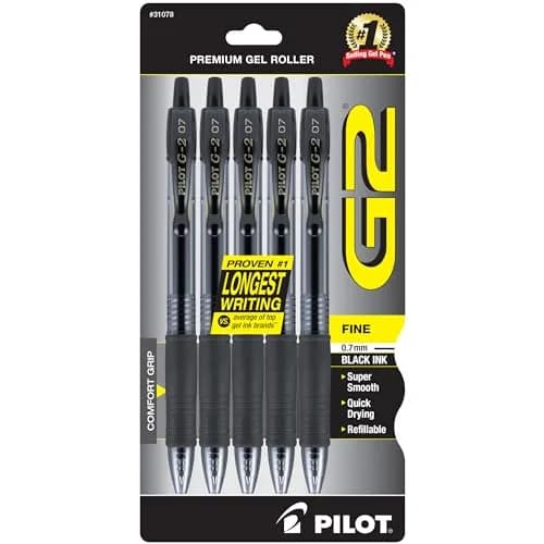 PILOT G2 Retractable Gel Pens, Fine Point 0.7mm, Black Ink, 5-Pack | Longest-Lasting Gel Ink Pens thumbnail 1
