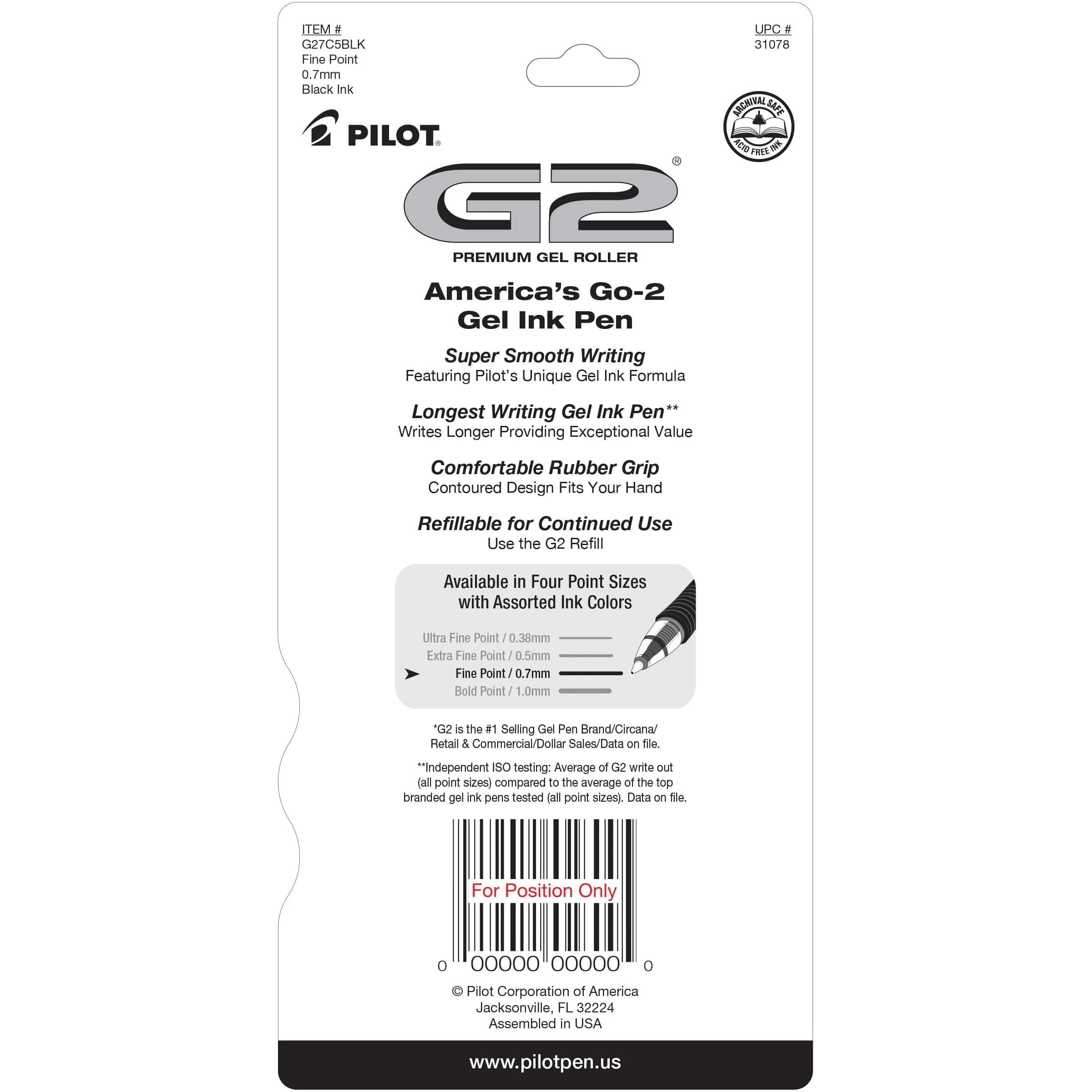 PILOT G2 Retractable Gel Pens, Fine Point 0.7mm, Black Ink, 5-Pack | Longest-Lasting Gel Ink Pens - view 2