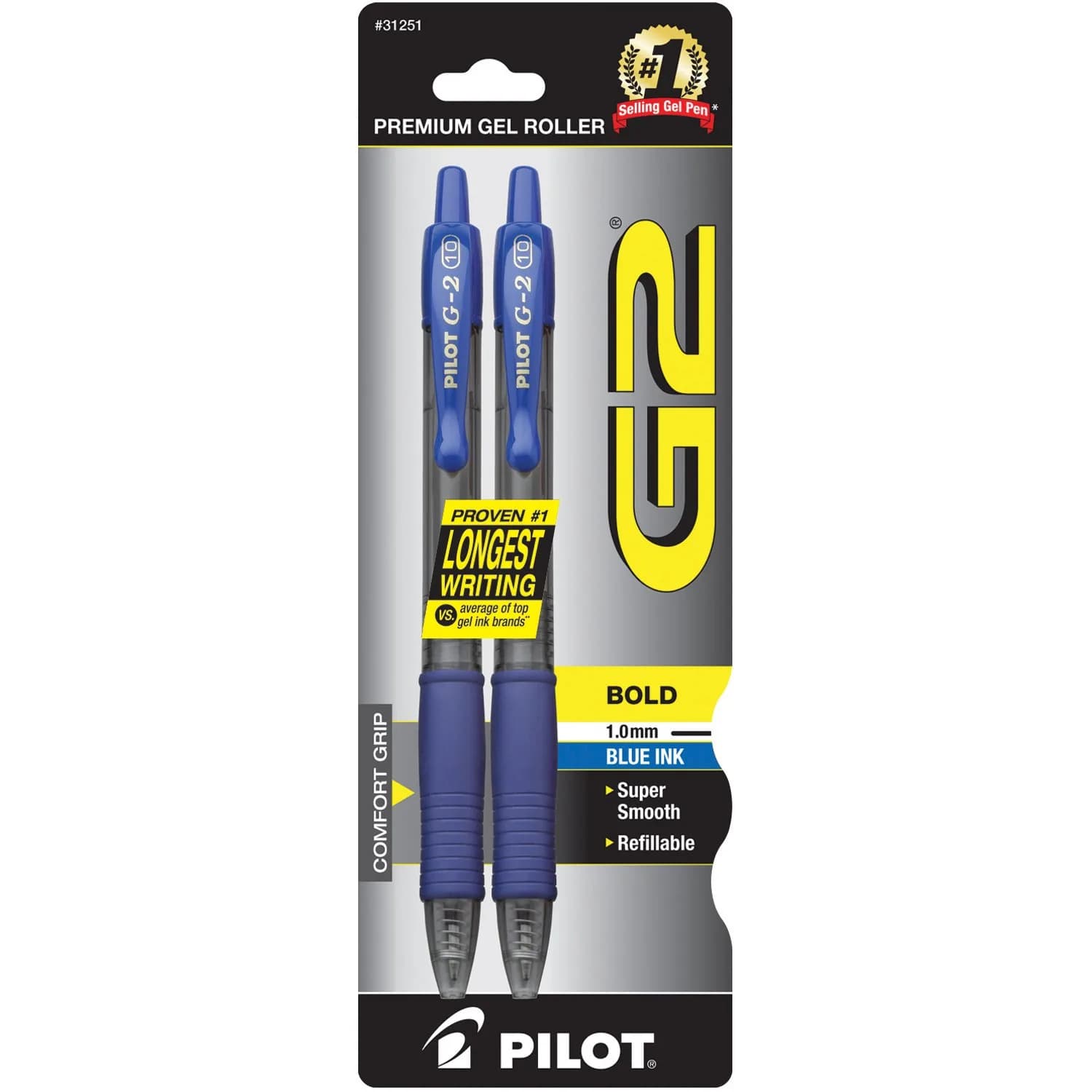 PILOT G2 Premium Refillable & Retractable Rolling Ball Gel Pens, Bold Point, Black Ink, 2-Pack | Smooth Writing Instrument — Blue