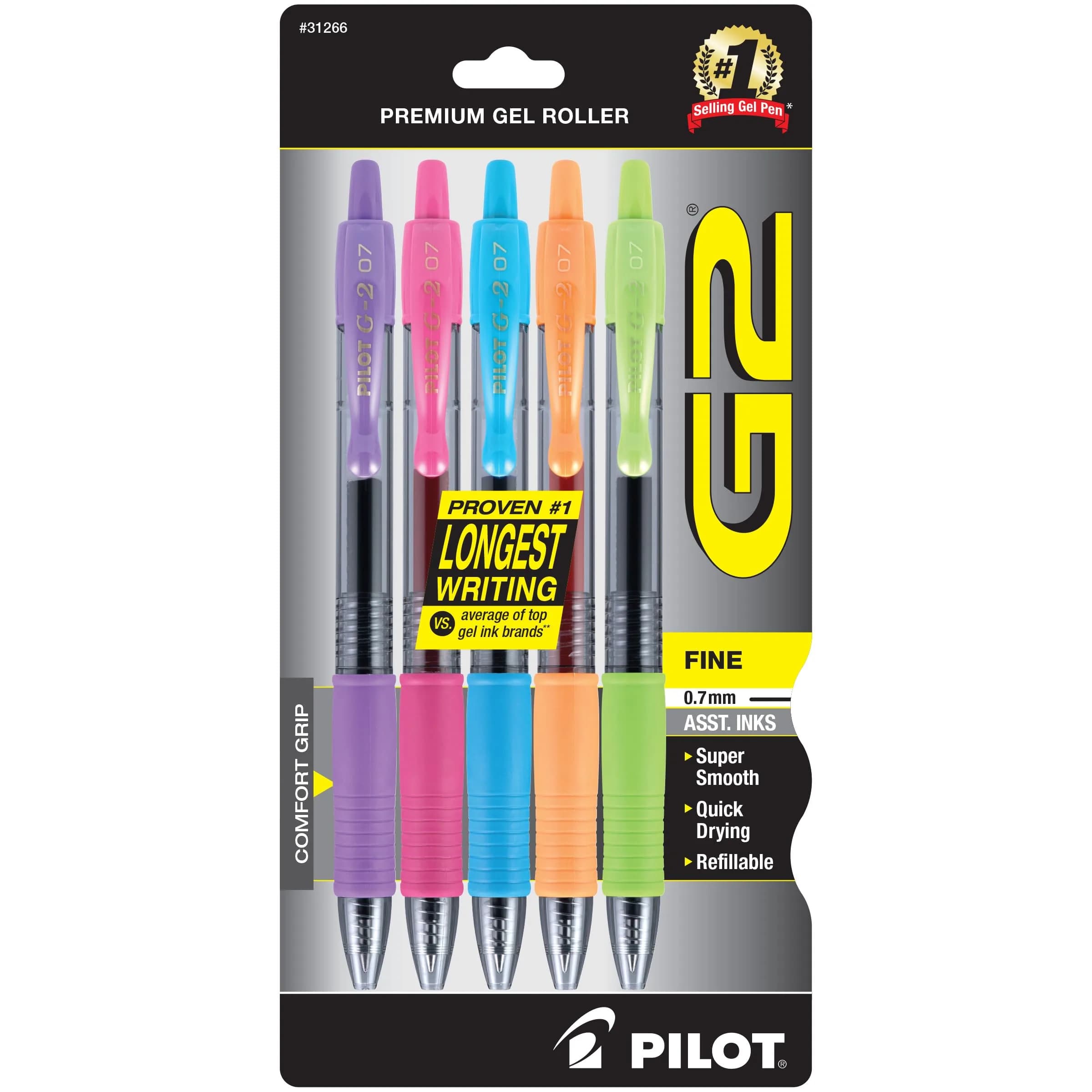 Pilot G2 Premium Assorted Color Gel Pens, Fine Point 0.7mm, 5-Pack | Smooth Writing & Long-Lasting Ink - main product image