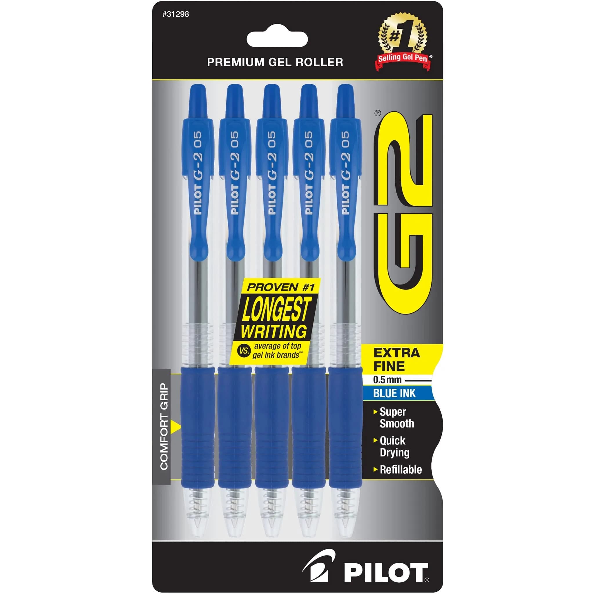 PILOT G2 Premium Refillable Gel Pens, Extra Fine Point 0.5mm, Blue Ink, 5-Pack | Smooth Writing & Long-Lasting - main product image