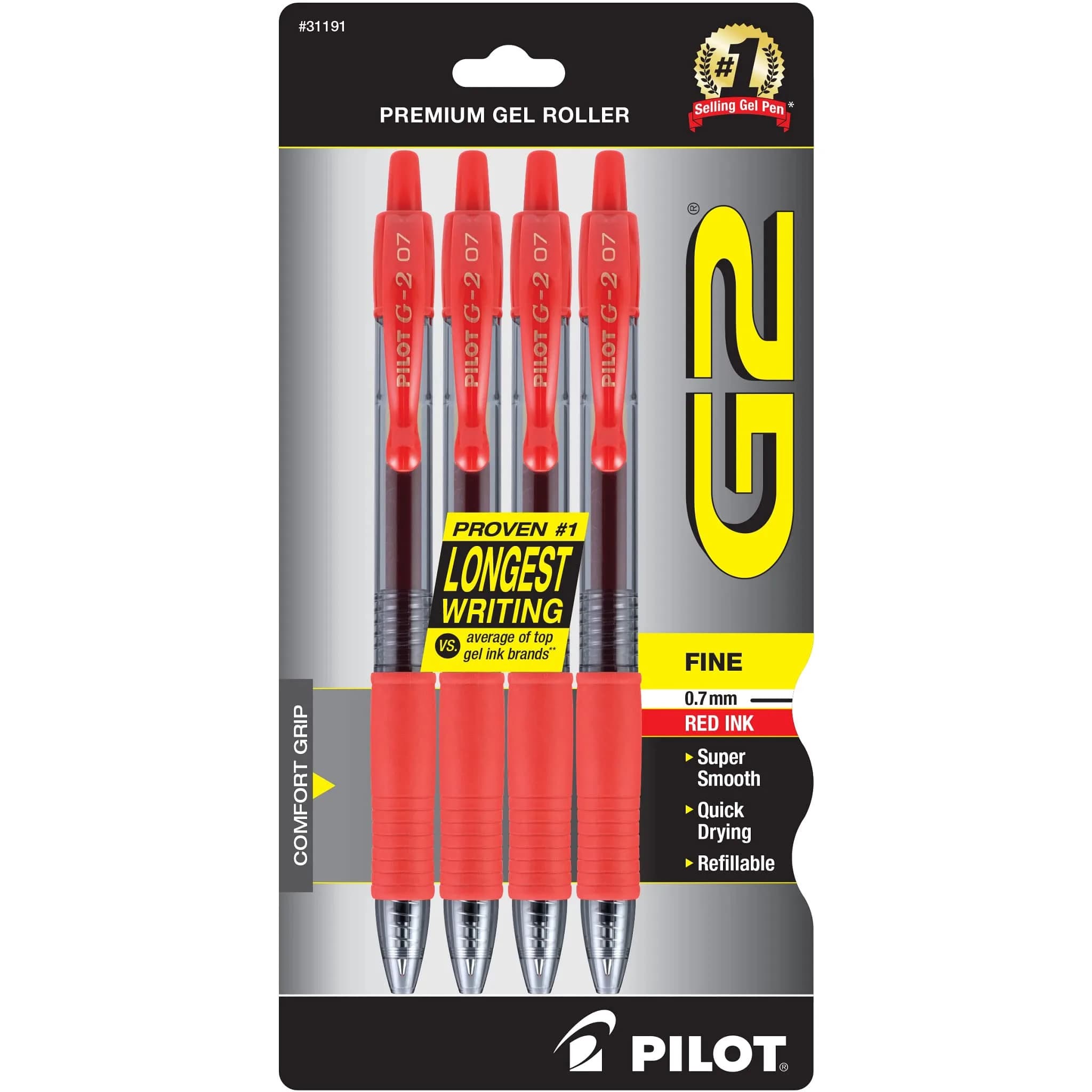 PILOT G2 Premium Gel Roller Pens Fine Point 0.7mm Red 4-Pack | Smooth Ink Flow for Students & Office — Red