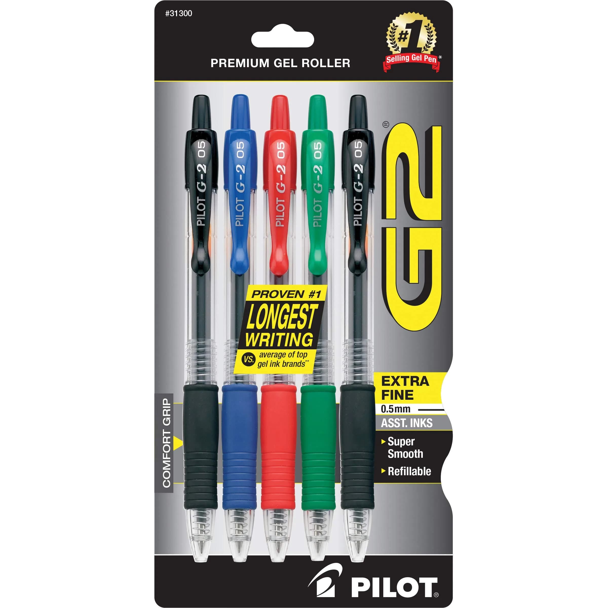 PILOT G2 Rolling Ball Gel Pens 0.5mm Assorted Colors 5-Pack | Smooth Ink Flow for Students & Office - main product image
