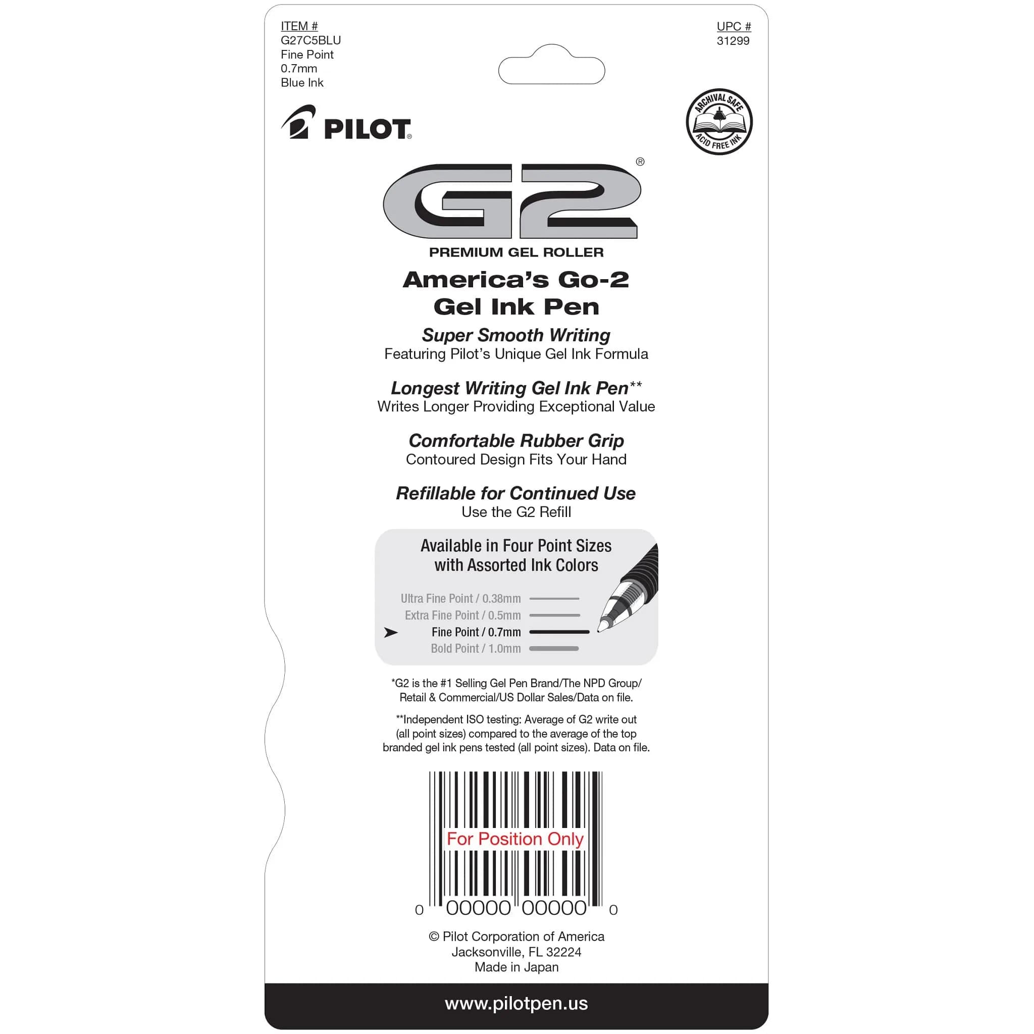 Pilot G2 Premium Blue Gel Pens, Fine Point 0.7mm, 5-Pack | Smooth Writing & Long-Lasting Ink - view 2