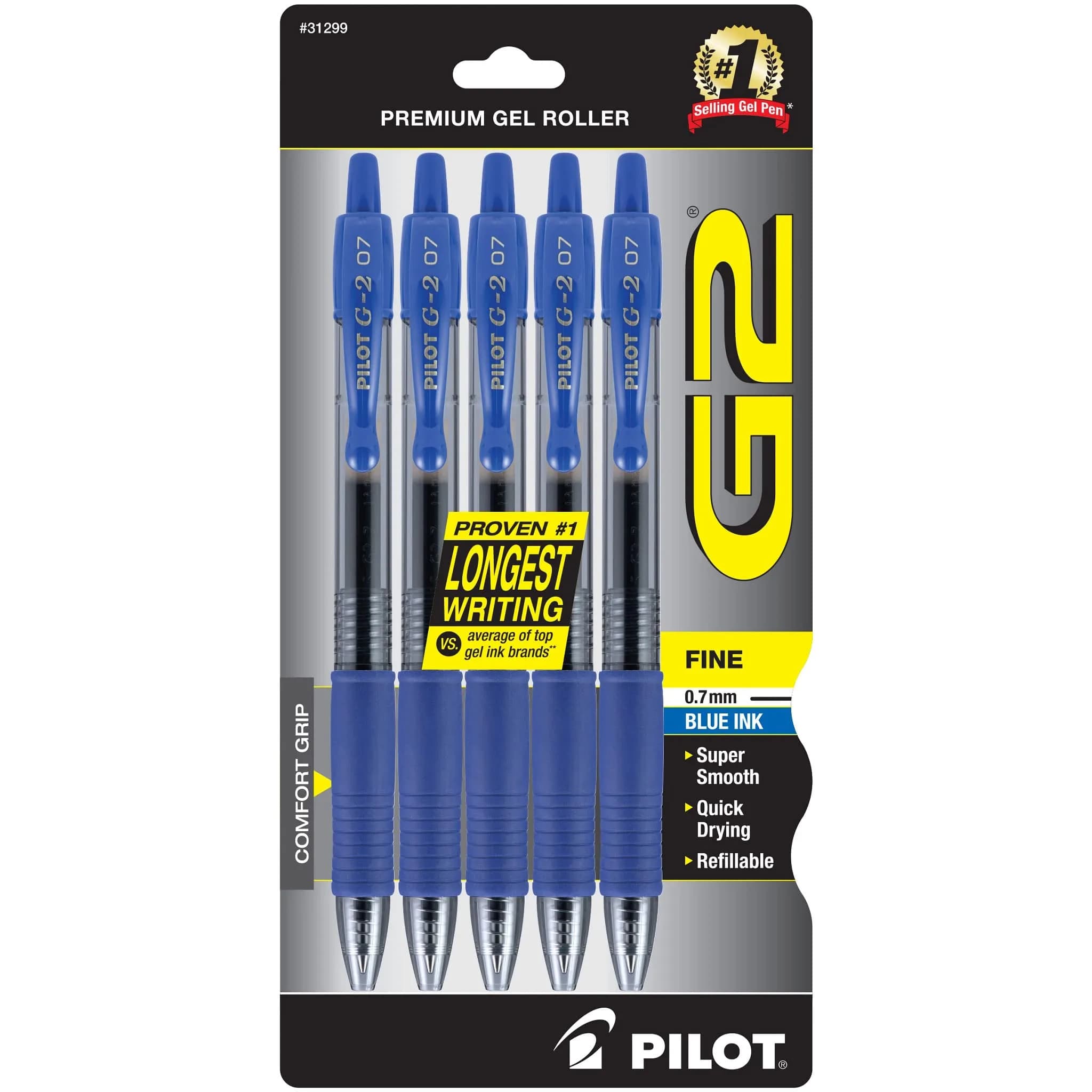 Pilot G2 Premium Assorted Color Gel Pens, Fine Point 0.7mm, 5-Pack | Smooth Writing & Long-Lasting Ink — Blue