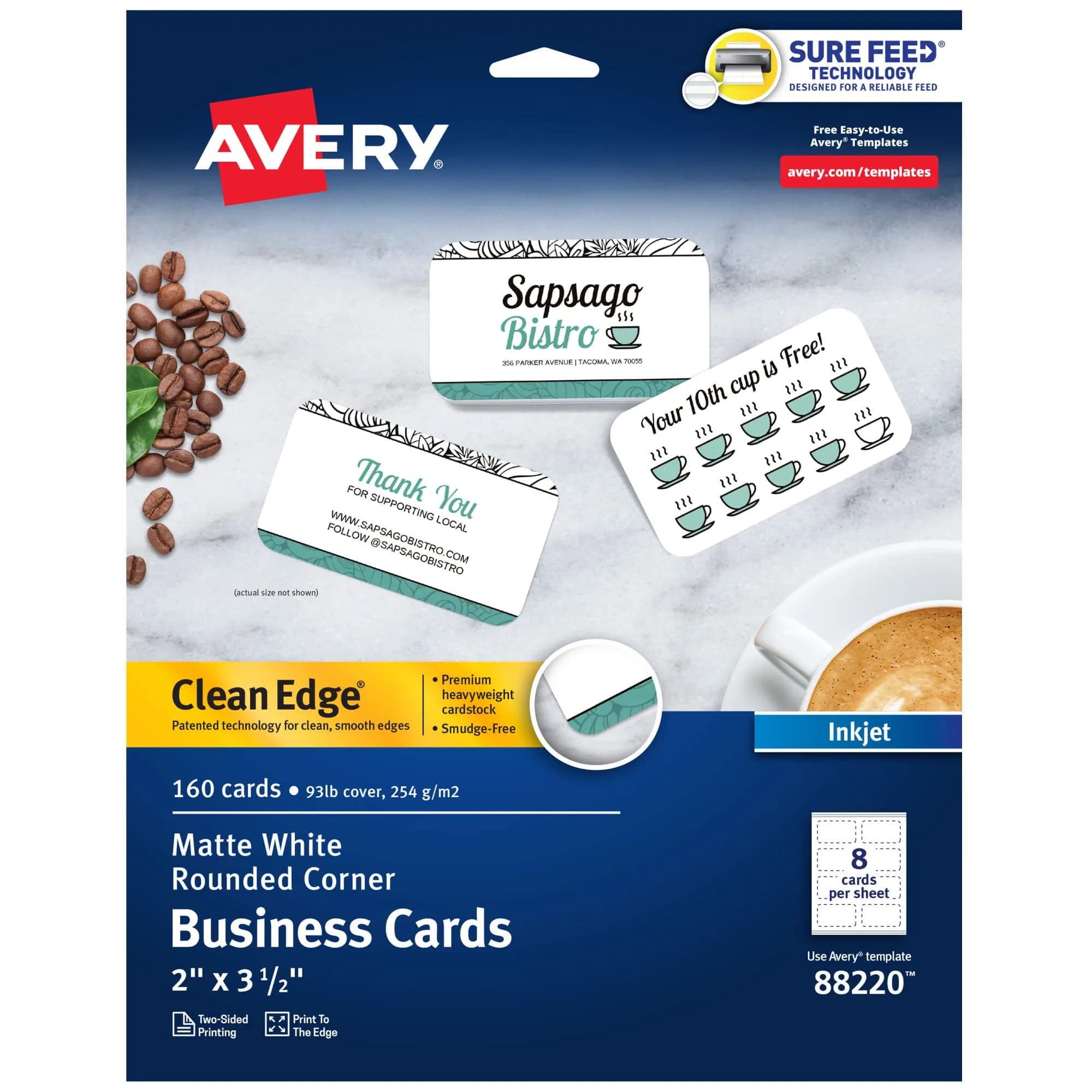Avery Clean Edge Printable Business Cards with Sure Feed Technology, Rounded Corners, 160 Cards (25ml / 0.811 Fl Oz) | Professional Cards for Inkjet Printers - main product image