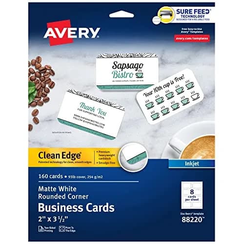 Avery Clean Edge Printable Business Cards with Sure Feed Technology, Rounded Corners, 160 Cards (25ml / 0.811 Fl Oz) | Professional Cards for Inkjet Printers thumbnail 1