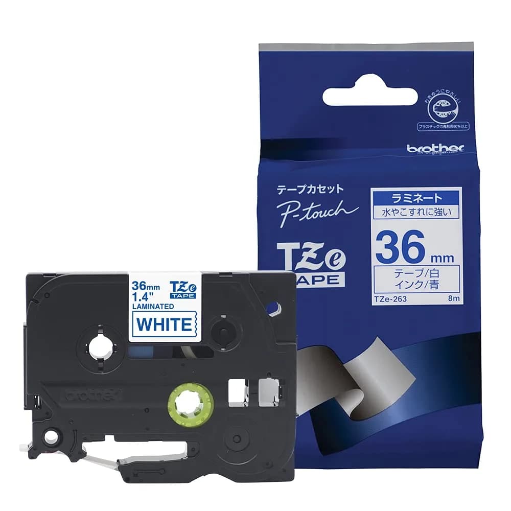 Brother Laminating Tape TZe-263 36mm | White Background/Blue Letters Laminated Tape