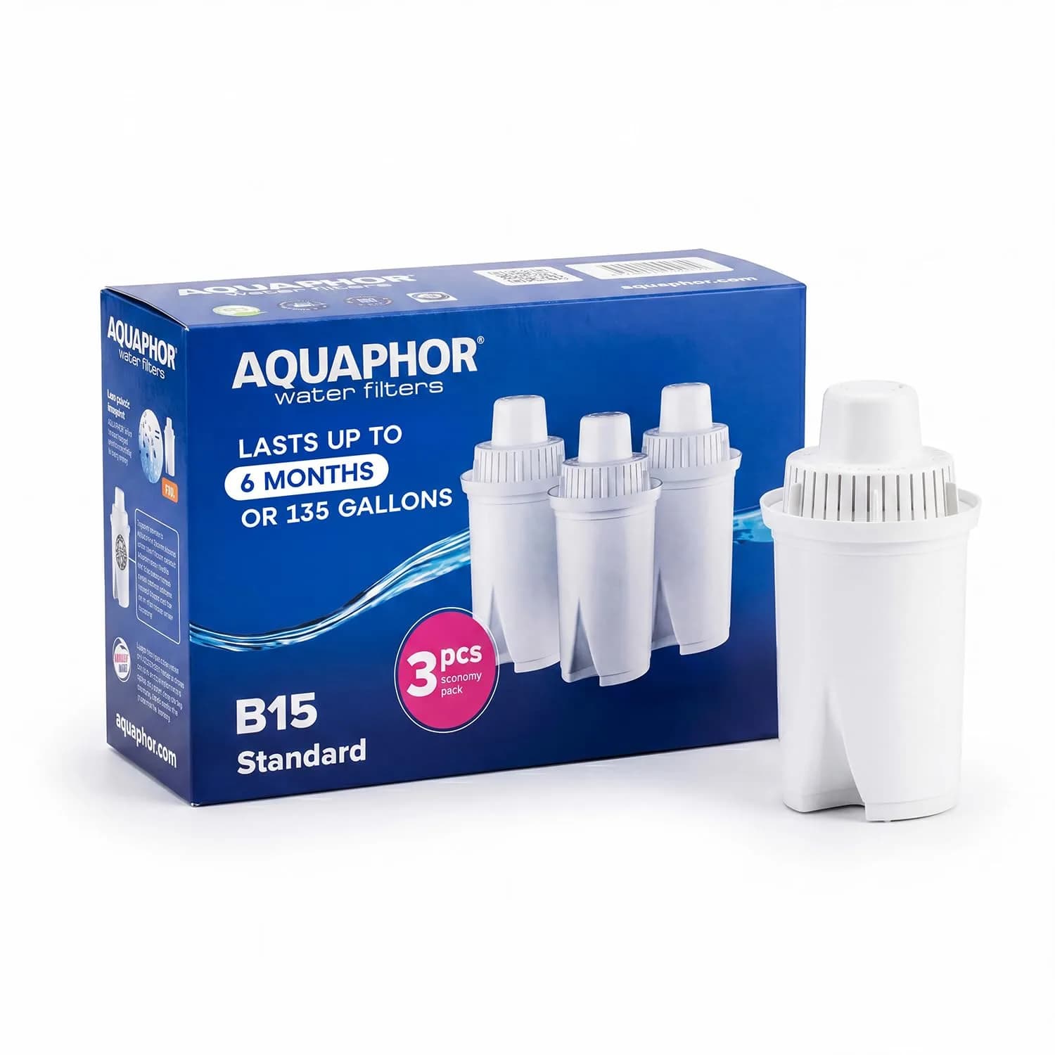 AQUAPHOR B15 Water Filter Replacement 3 Pack | Fast Flow, BPA-Free, Lasts 2 Months, Reduces Chlorine & Heavy Metals — White