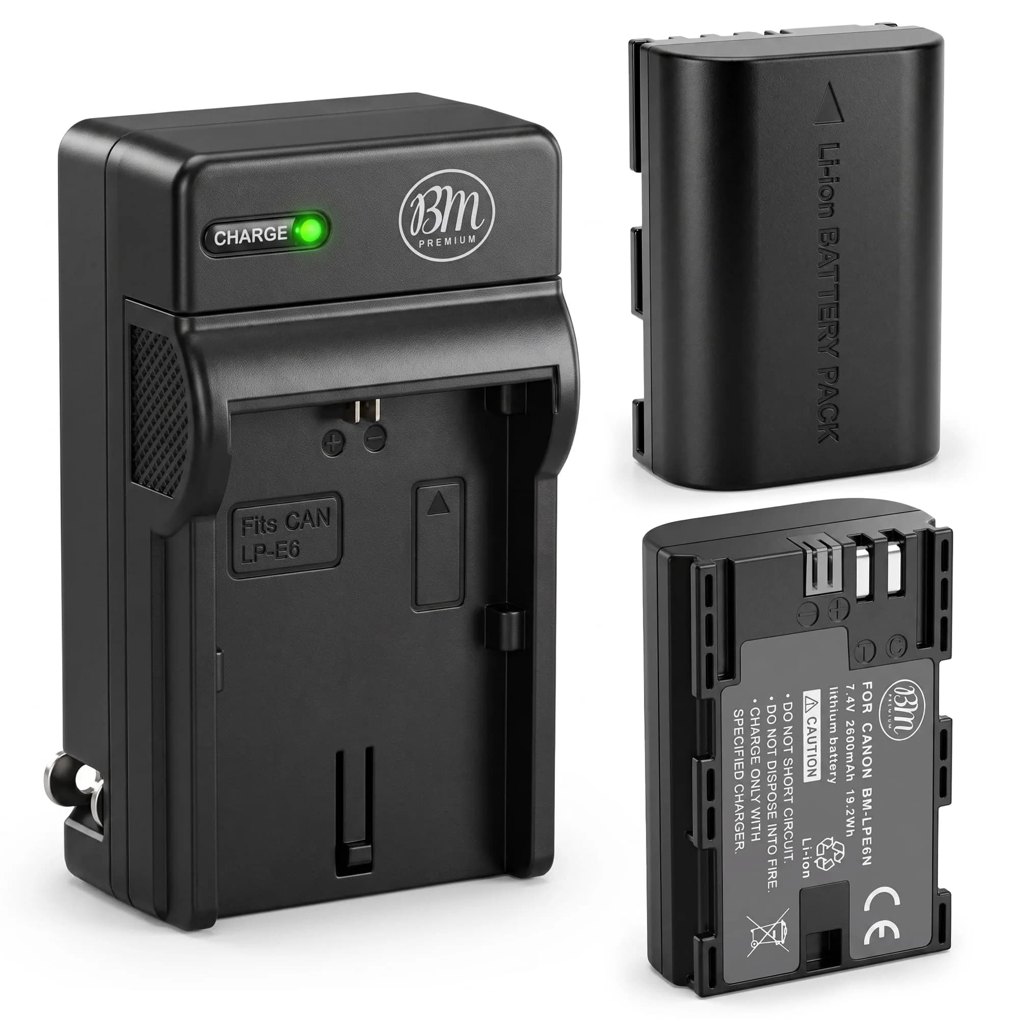 BM Premium LP-E6N 2-Pack Batteries & Charger for Canon EOS 60D 70D 80D 90D | Rechargeable Lithium-Ion Power