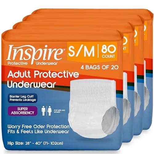 Inspire Protective Underwear for Men and Women | Adult Diapers | Disposable Pull Ups - 4 Bags of 20 | 80 Total (Small/Medium) thumbnail 1
