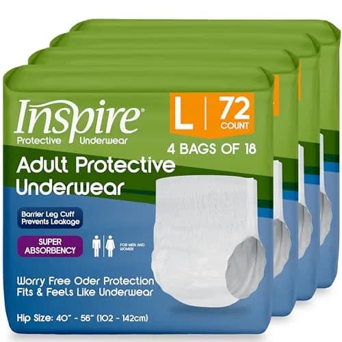 Inspire Protective Underwear for Men and Women | Adult Diapers for Bowel Incontinence | Disposable Underwear for Women and Men - 4 Bags of 18 | 72 Total (Large) thumbnail 1