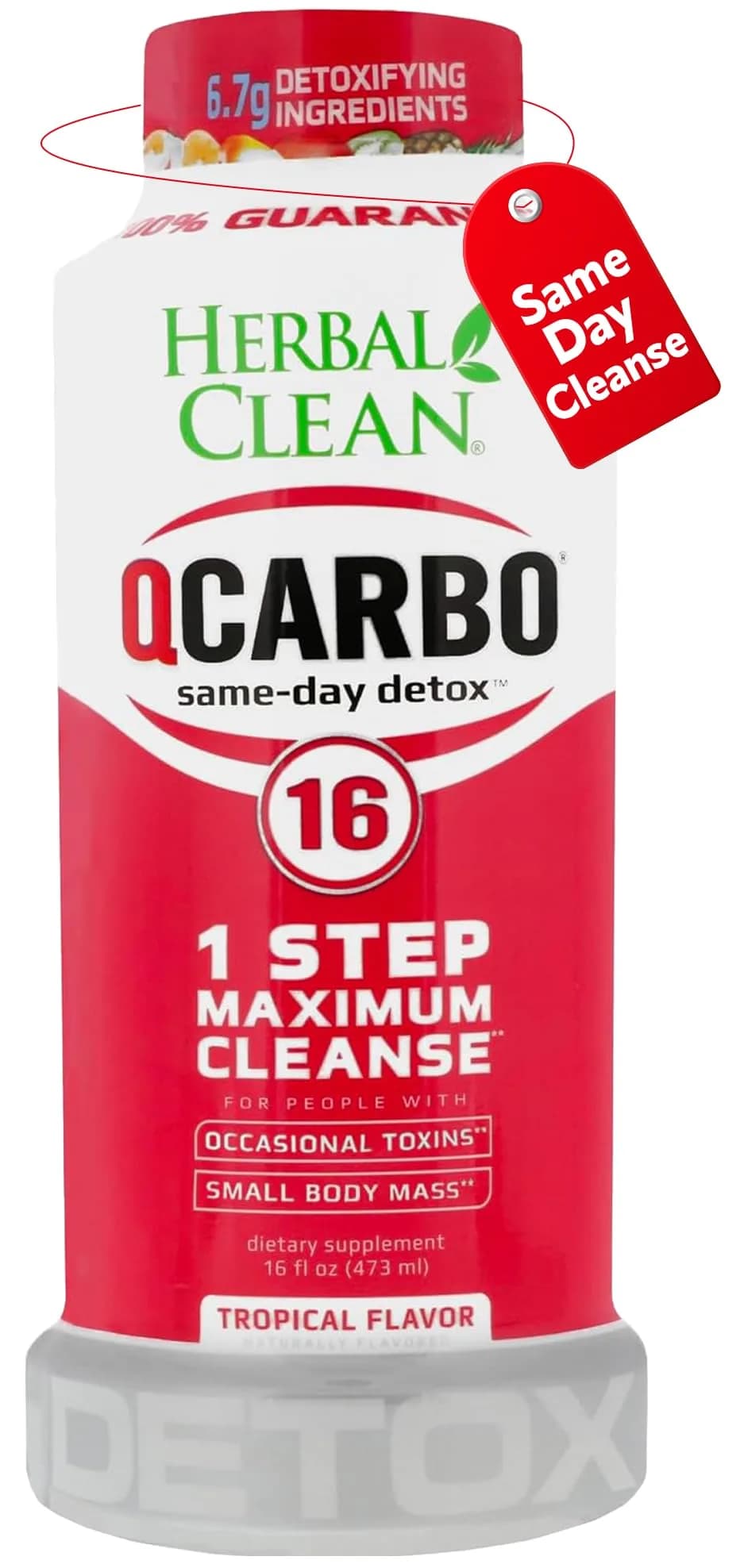 Herbal Clean Qcarbo16 Same-Day Detox Cleanse Drink 16 Fl Oz | Tropical Flavor for Moderate Toxin Levels