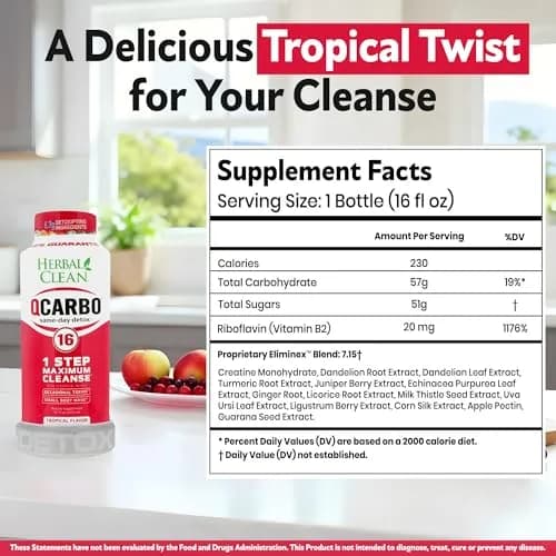 Herbal Clean Qcarbo16 Same-Day Detox Cleanse Drink 16 Fl Oz | Tropical Flavor for Moderate Toxin Levels thumbnail 3