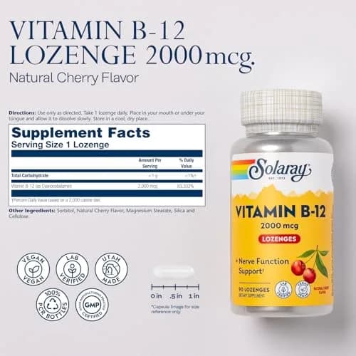 SOLARAY Vitamin B12 2000 mcg Lozenges No Sugar Cherry Flavor | Supports Nerve & Energy thumbnail 2