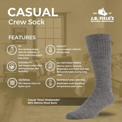 J.B. Field's 96% Merino Wool Casual Socks | Soft, Itch-Free, Supportive, For Hiking & Running (Medium) Black thumbnail 4