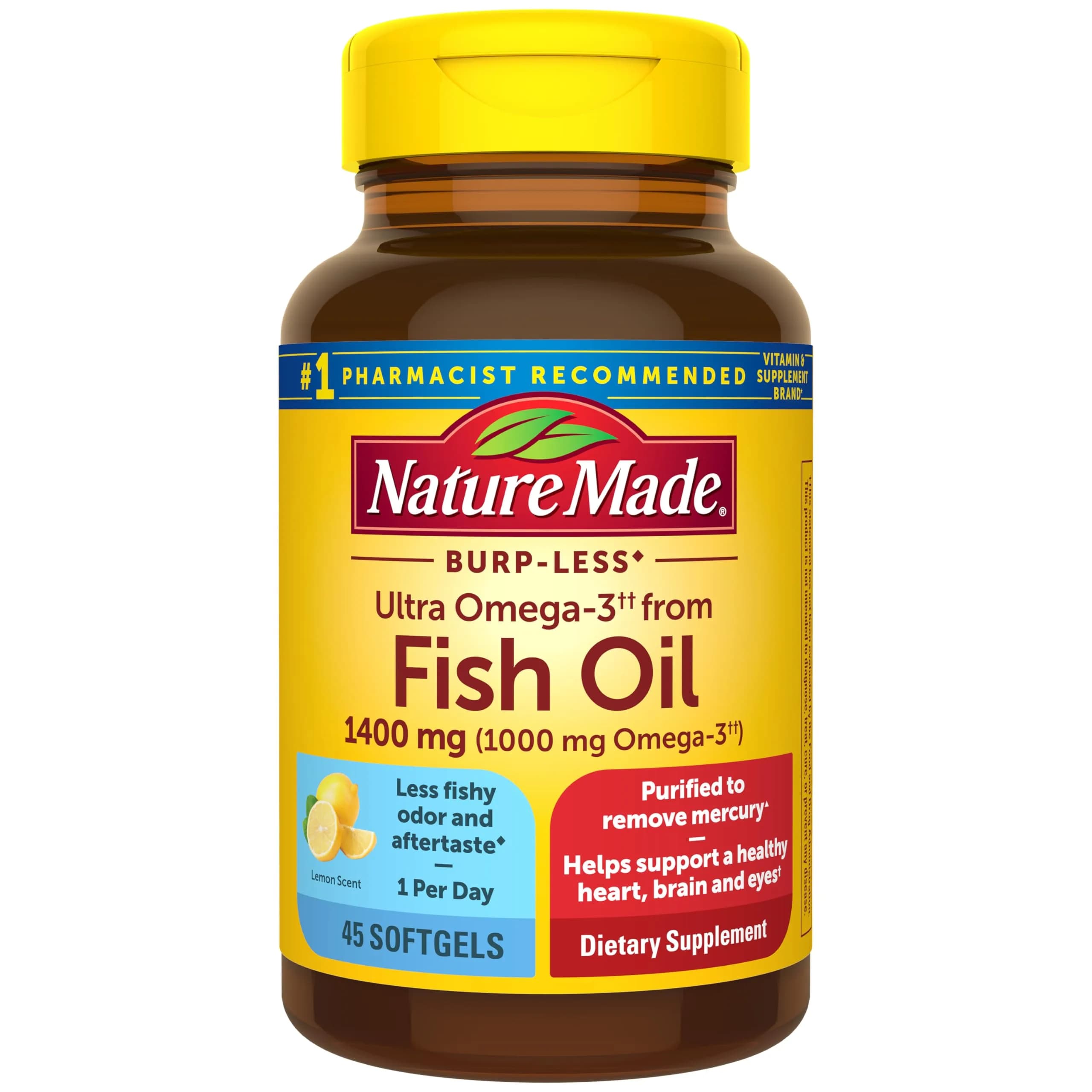 Nature Made Burp-Less Ultra Omega-3 Fish Oil 1400 mg Softgels (45 Count) | Heart, Brain & Eye Support - main product image