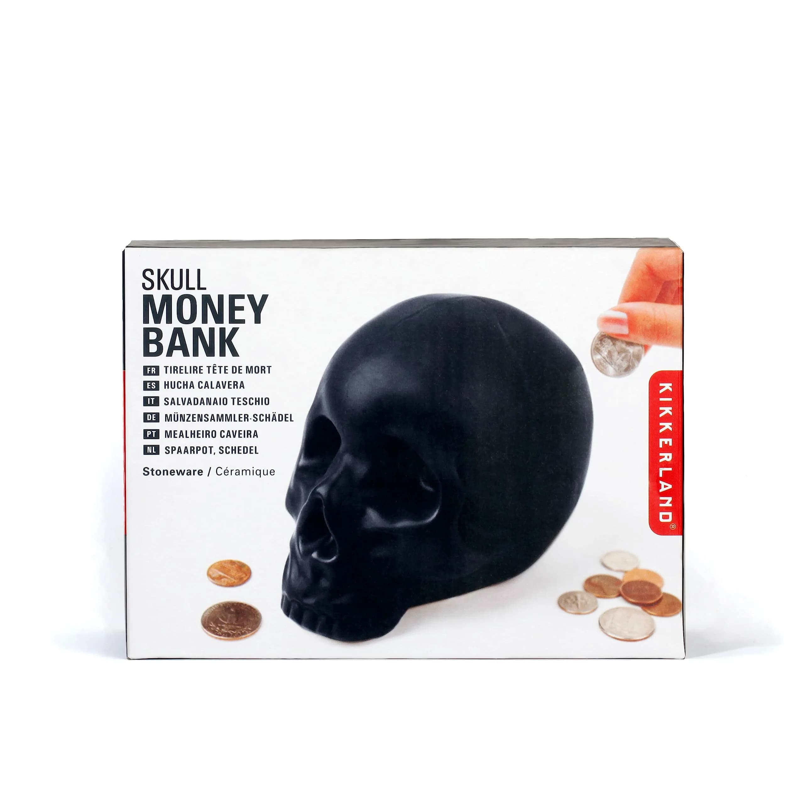 Kikkerland Skull Coin Bank | Halloween Skull Money Saver Box, Stoneware, 4.5 x 6 inches — Black