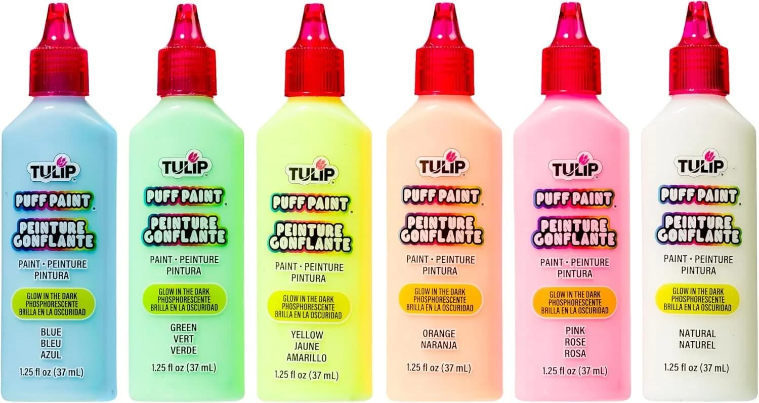 TULIP Dimensional Fabric Paint, Glow in the Dark Puffy Paint, 6 Pack | Bright Neon 3D Effects on Fabric — Glow