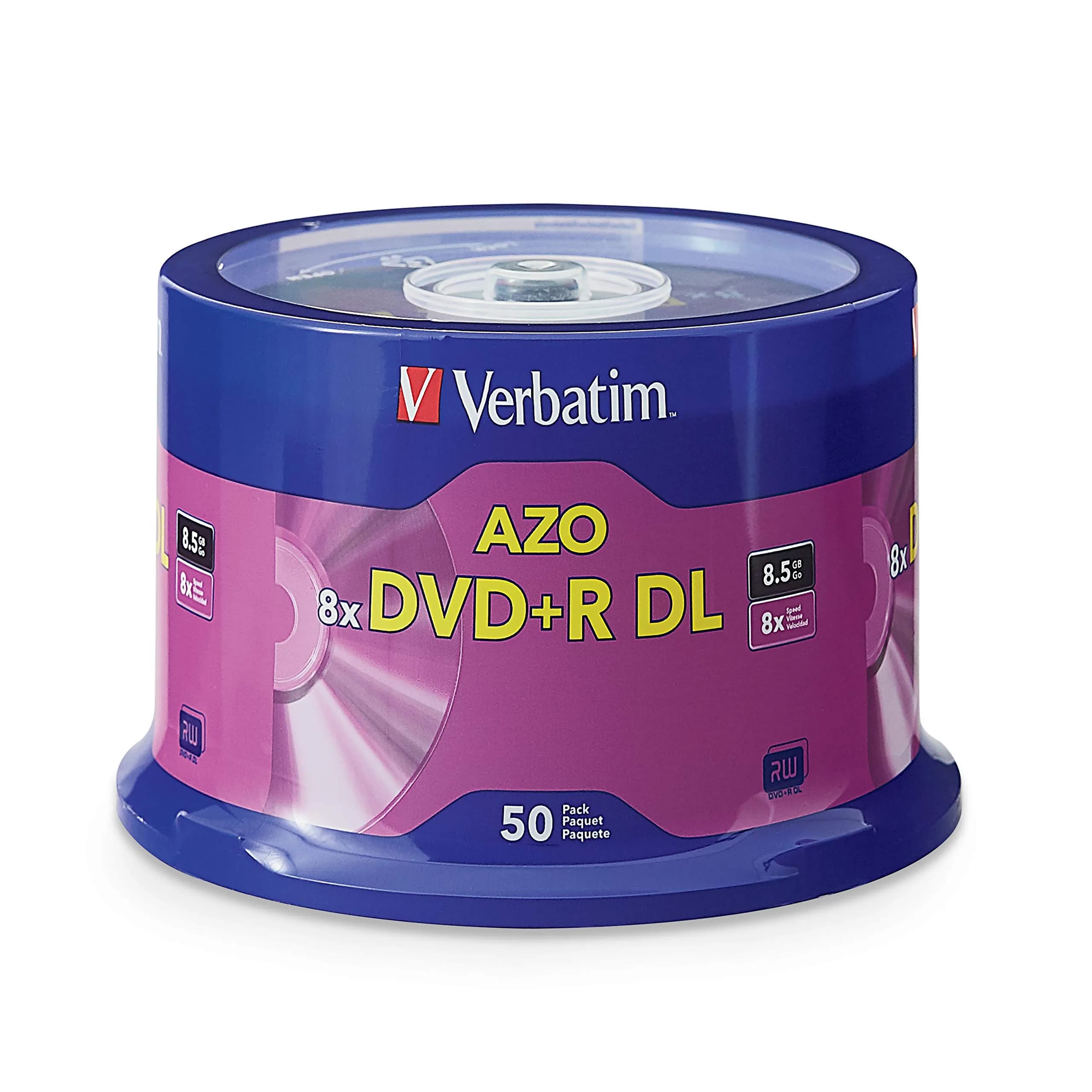 Verbatim DVD+R DL 8.5GB 8X with Branded Surface | High-Speed Double Layer Discs (50-Disc Pack) — 50-Disc