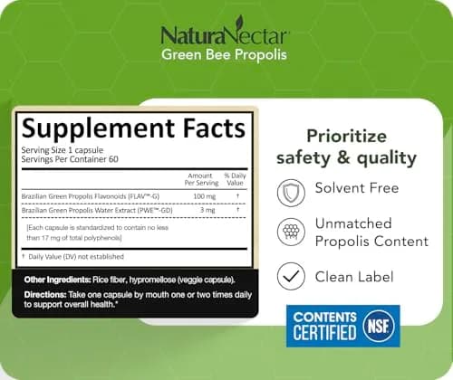 NaturaNectar Green Bee Propolis Capsules 60pcs | NSF Certified Brazilian Green Propolis for Immunity & Brain thumbnail 5