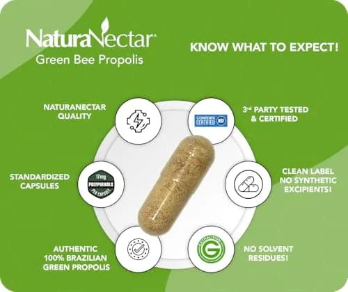 NaturaNectar Green Bee Propolis Capsules 60pcs | NSF Certified Brazilian Green Propolis for Immunity & Brain thumbnail 3
