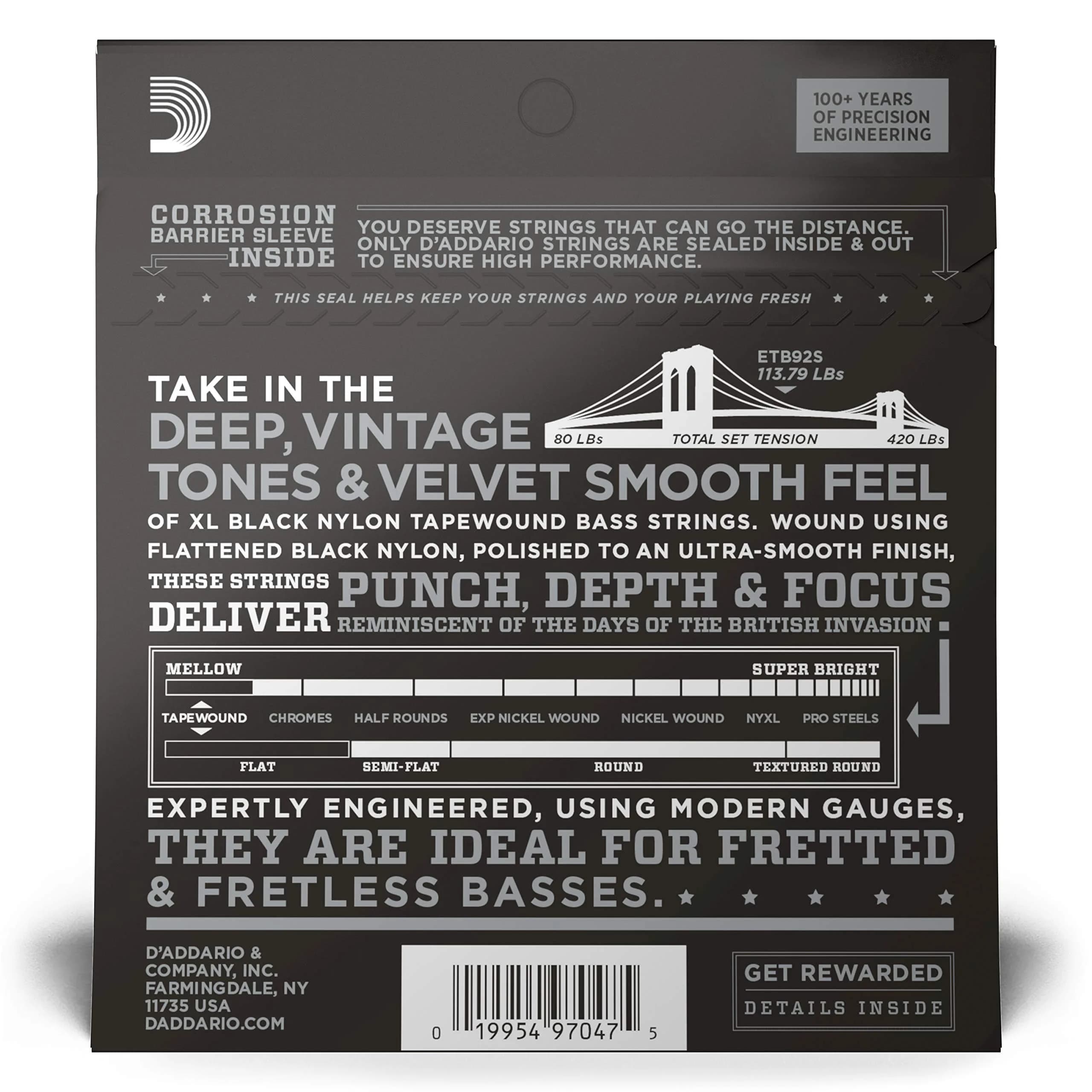 D'Addario ETB92S Tapewound Bass Strings | Short Scale, 50-105 Gauge, Black Nylon - view 3