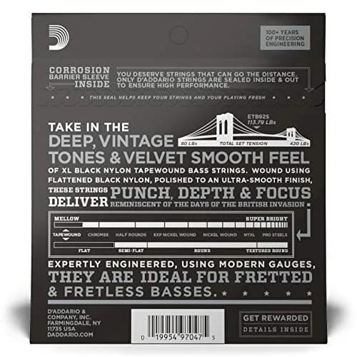 D'Addario ETB92S Tapewound Bass Strings | Short Scale, 50-105 Gauge, Black Nylon thumbnail 3