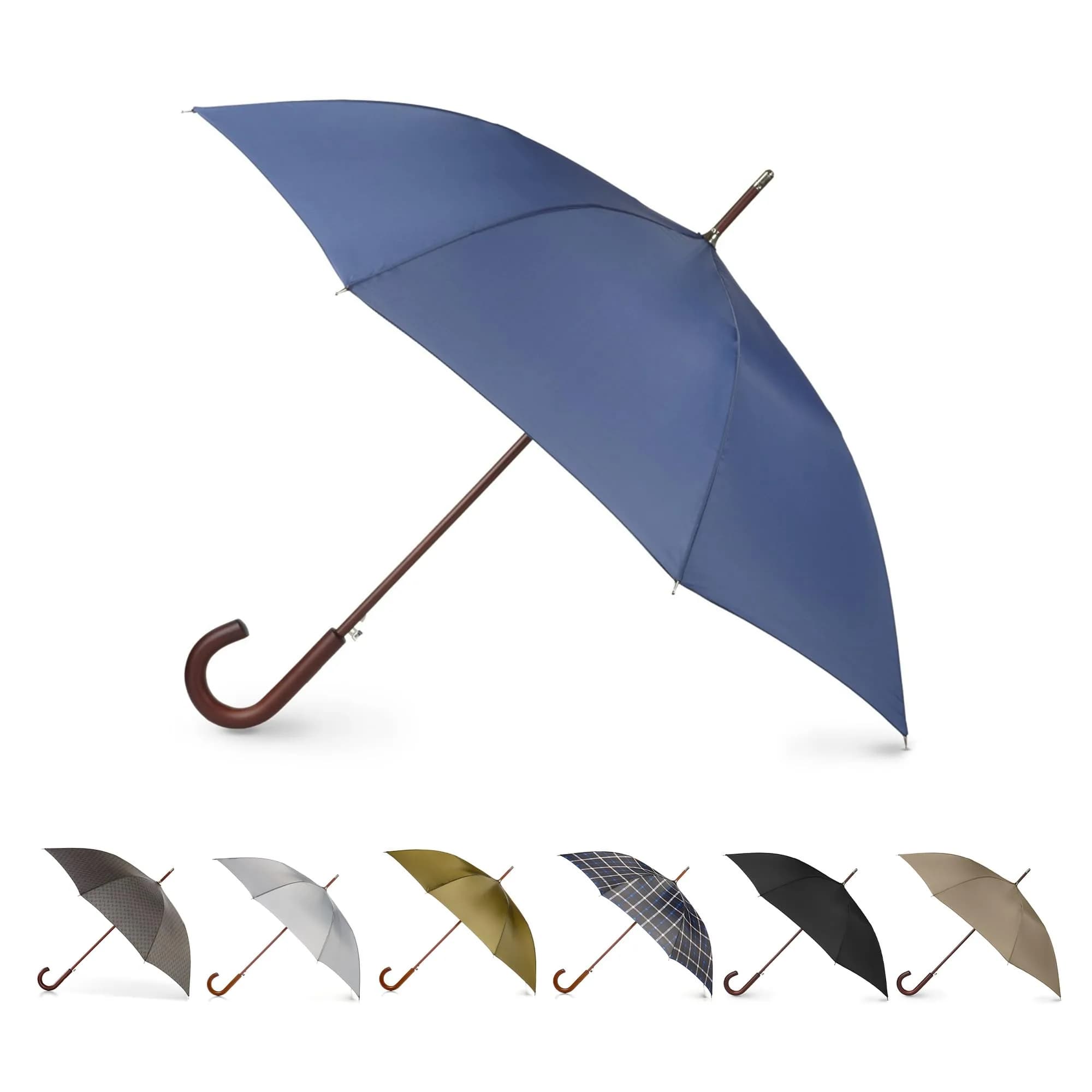 Totes Auto Open Water Repellent Stick Umbrella with Classic Wood J Hook Handle | 122 cm (48") Arc