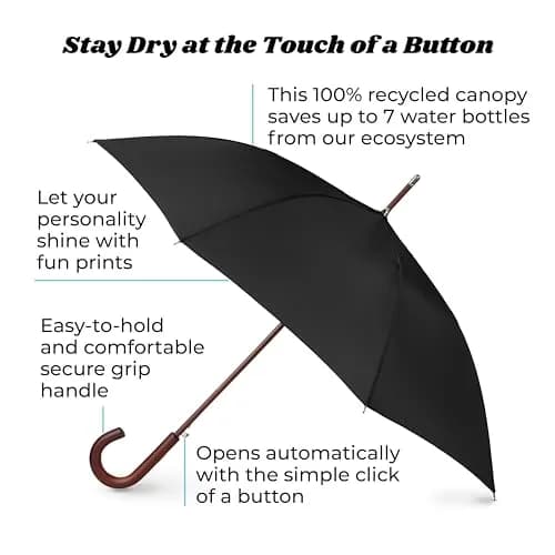 Totes Auto Open Water Repellent Stick Umbrella with Classic Wood J Hook Handle | 122 cm (48 inch) Canopy thumbnail 2