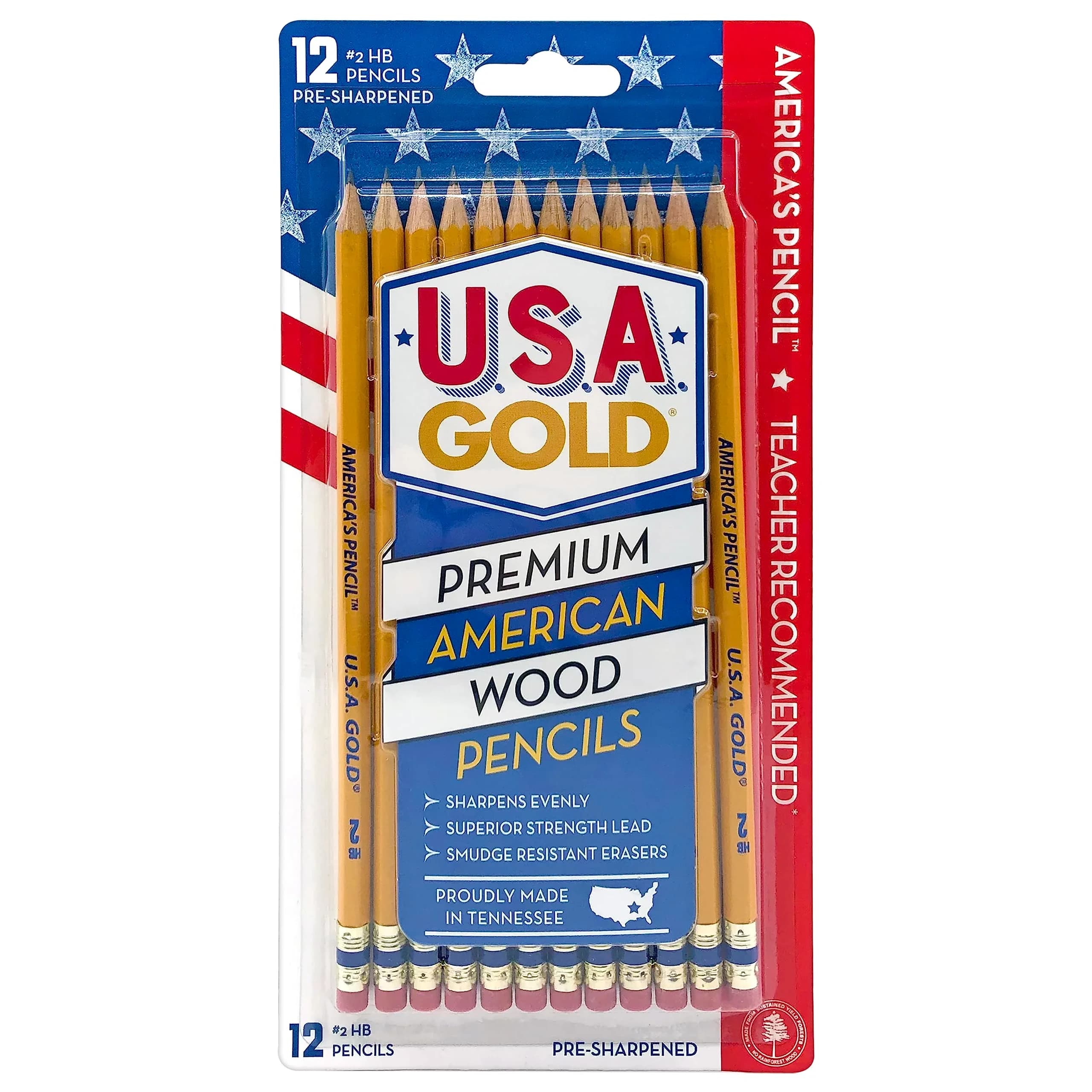 Write Dudes USA Gold Premium Cedar #2 Pencils 12-Count (7mm) | Made from Genuine American Cedar — Natural