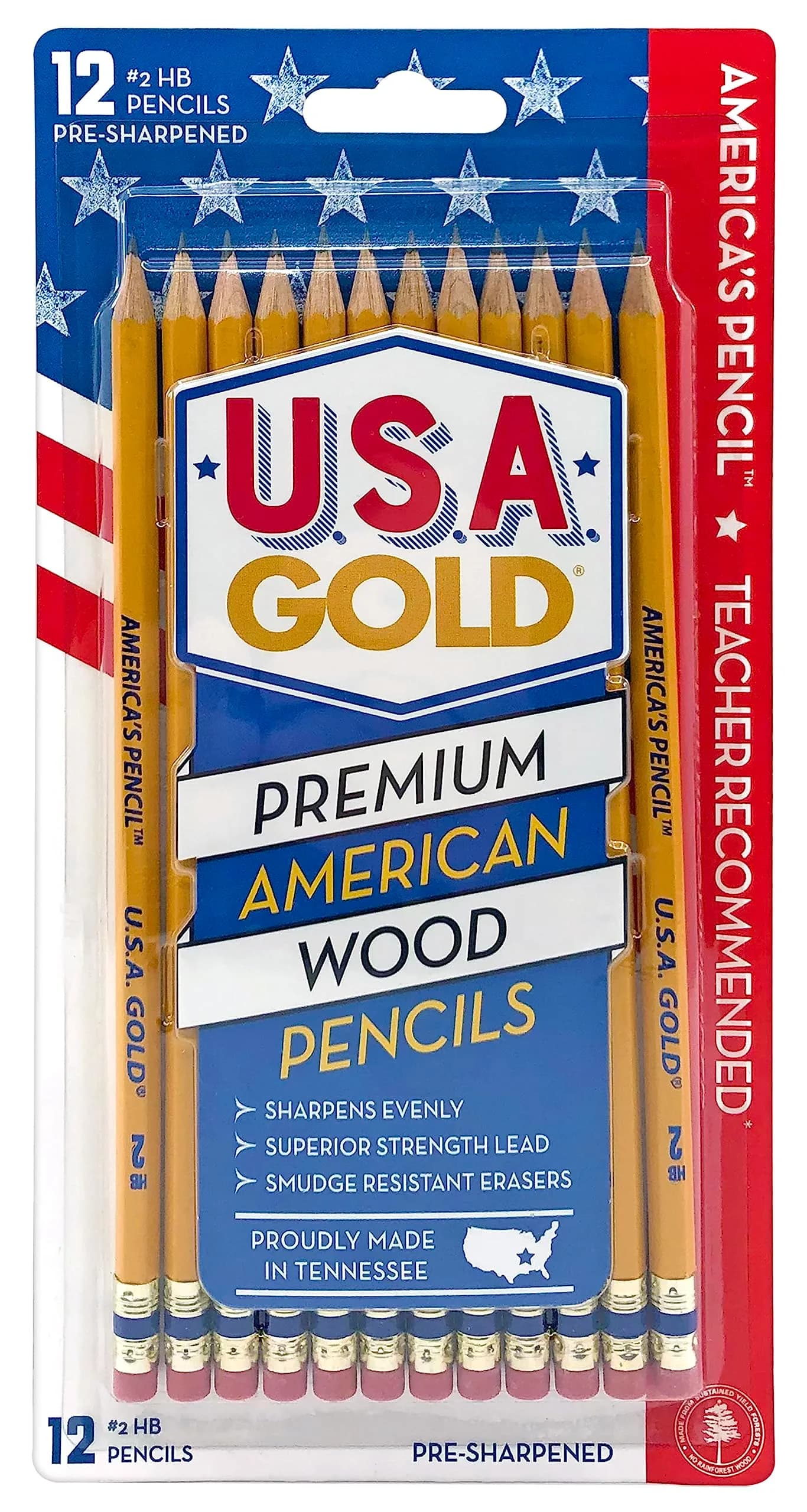 Write Dudes USA Gold Premium Cedar #2 Pencils 12-Count (7mm) | Made from Genuine American Cedar - main product image