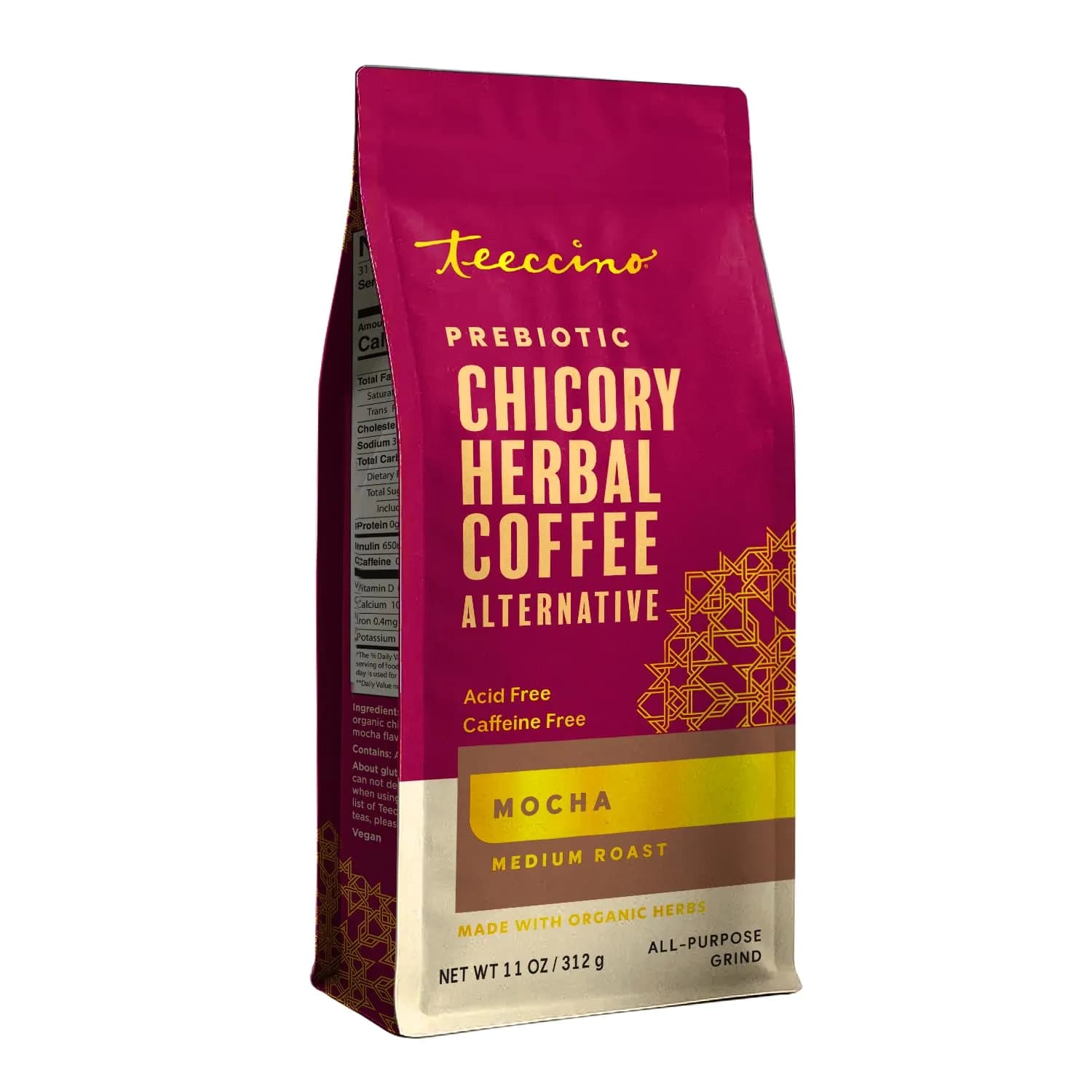 Teeccino Mocha Chicory Coffee Alternative - 11 Ounce - Ground Herbal Coffee That’s Prebiotic, Caffeine-Free & Acid Free, Medium Roast