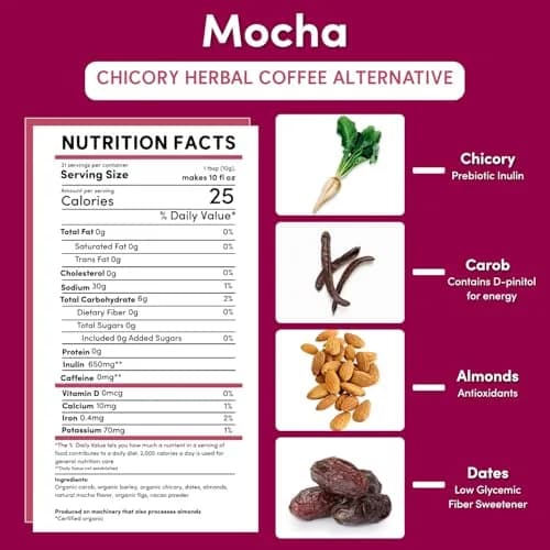 Teeccino Mocha Chicory Coffee Alternative - 11 Ounce - Ground Herbal Coffee That’s Prebiotic, Caffeine-Free & Acid Free, Medium Roast thumbnail 3