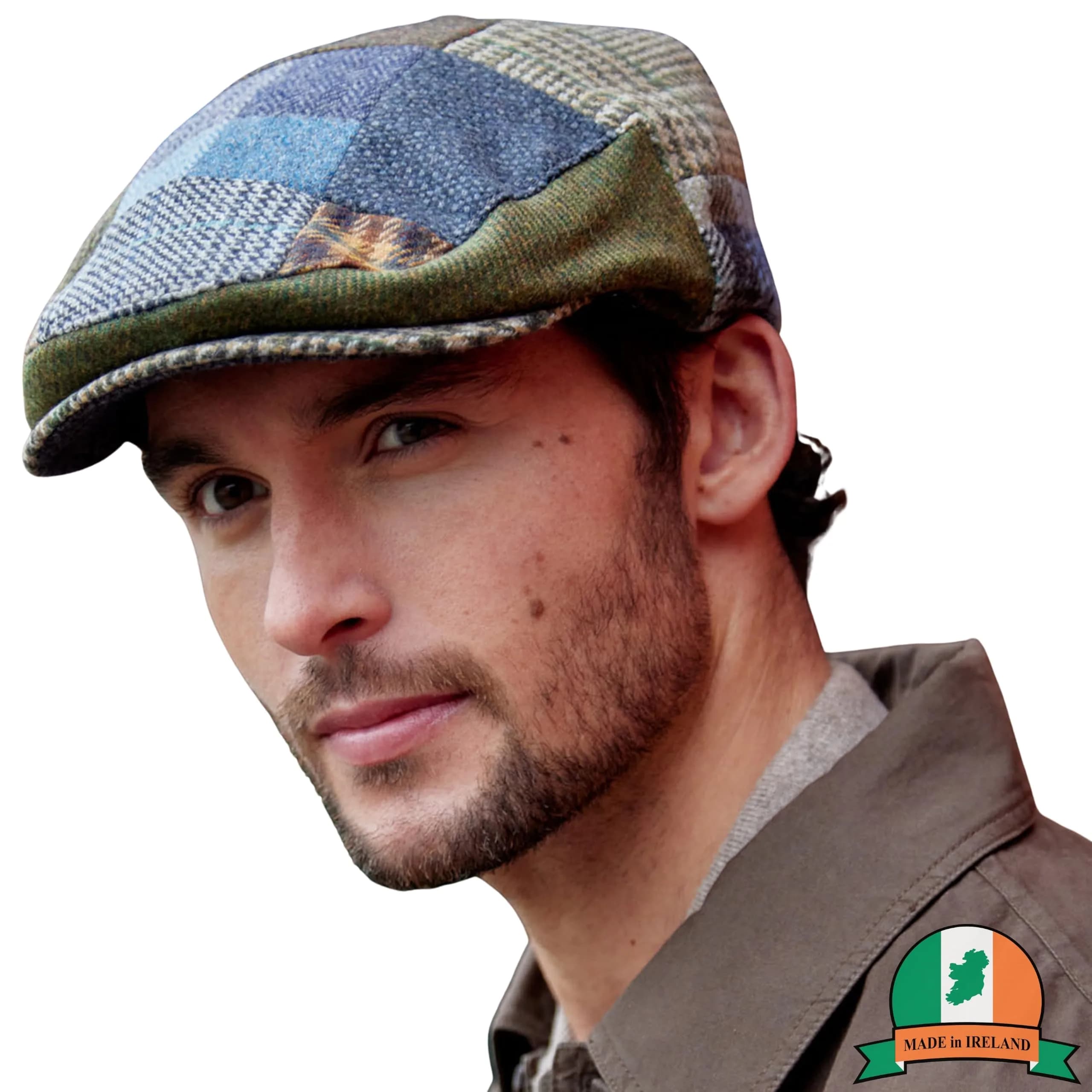 Biddy Murphy Newsboy Flat Cap, 100% Irish Wool, Patchwork, Multicolor, XL | Unique Irish Tweed Style