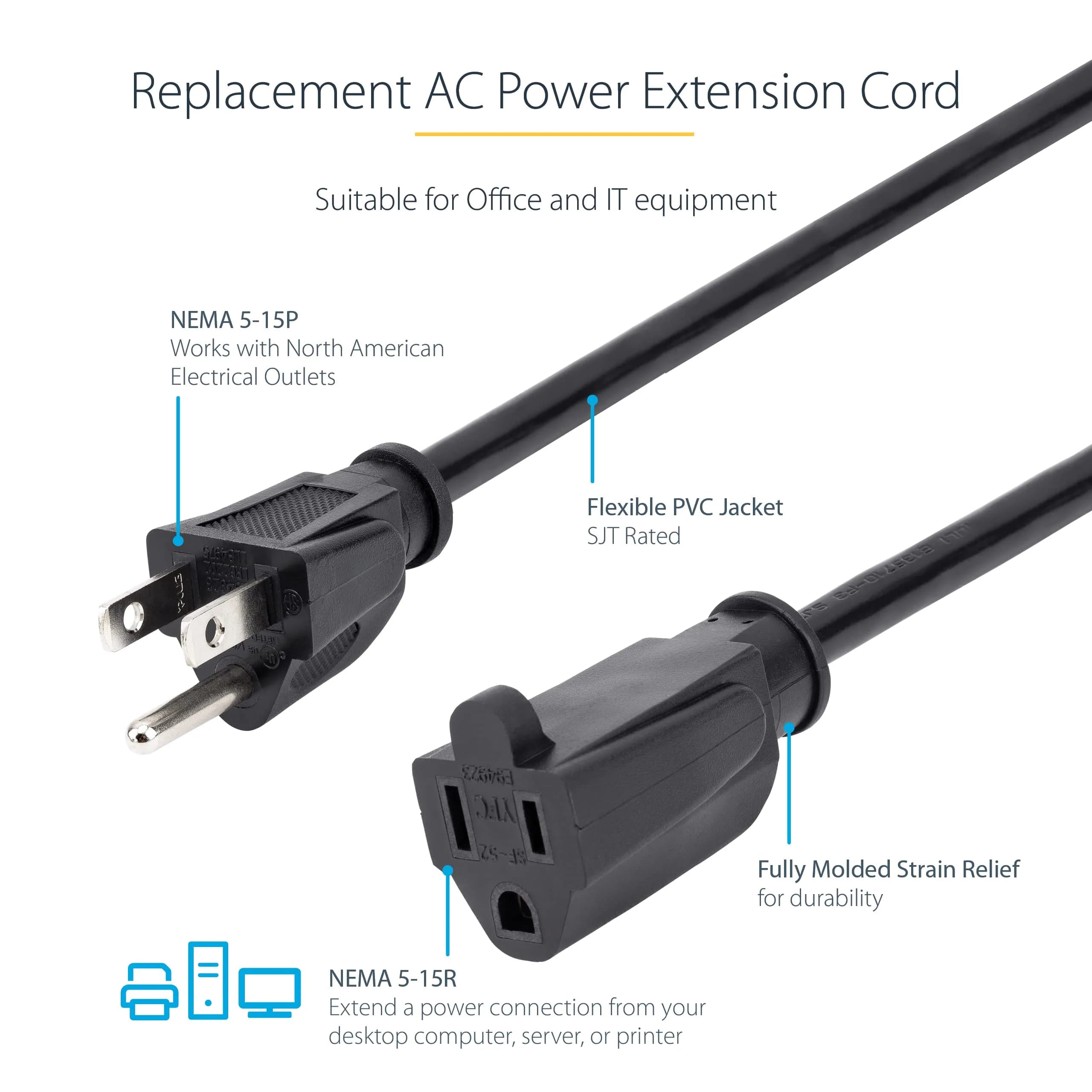 StarTech.com 25ft Power Extension Cord 7.6m | NEMA 5-15R to NEMA 5-15P, 13A 125V, 16AWG, Black - view 2