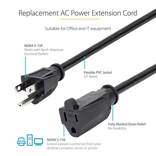 StarTech.com 25ft Power Extension Cord 7.6m | NEMA 5-15R to NEMA 5-15P, 13A 125V, 16AWG, Black thumbnail 2