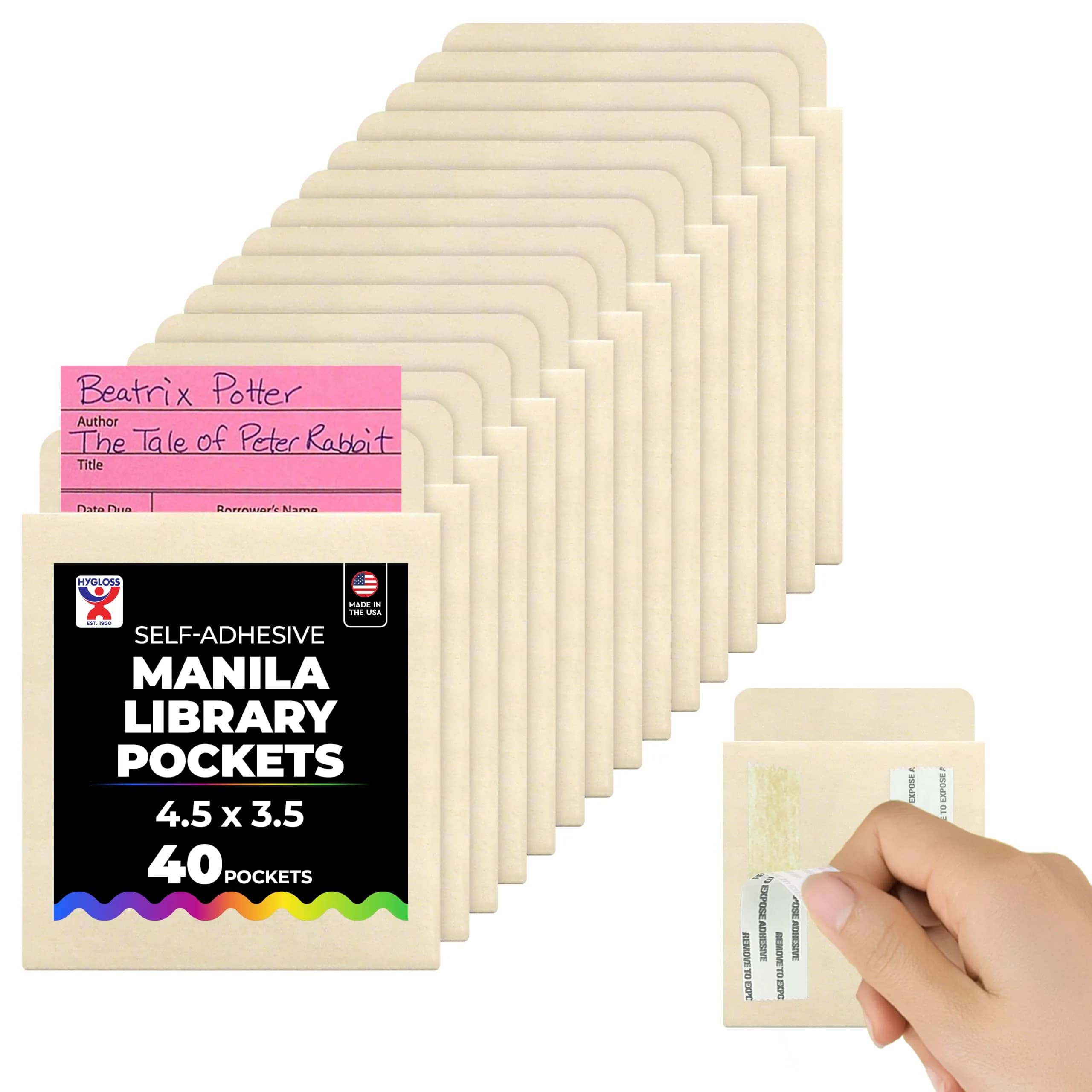 Hygloss Manila Library Pockets Self-Adhesive 4.5 x 3.5 Inches (40 Pack) | Acid-Free Paper for Lasting Organization