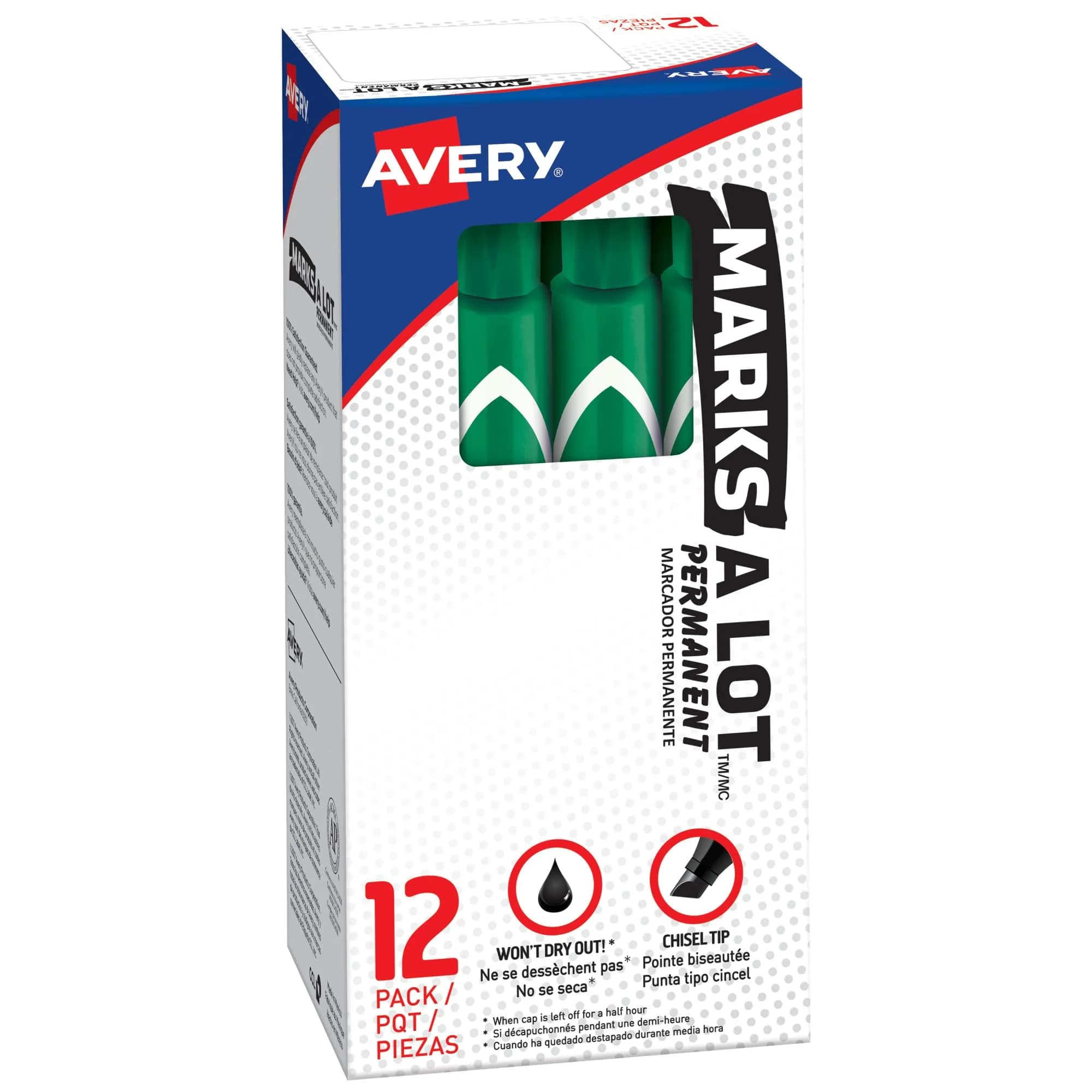 Avery® Marks A Lot® Permanent Markers, Large Desk-Style Size, Chisel Tip, 12 Green Markers | ACMI Certified Low-Odor - main product image