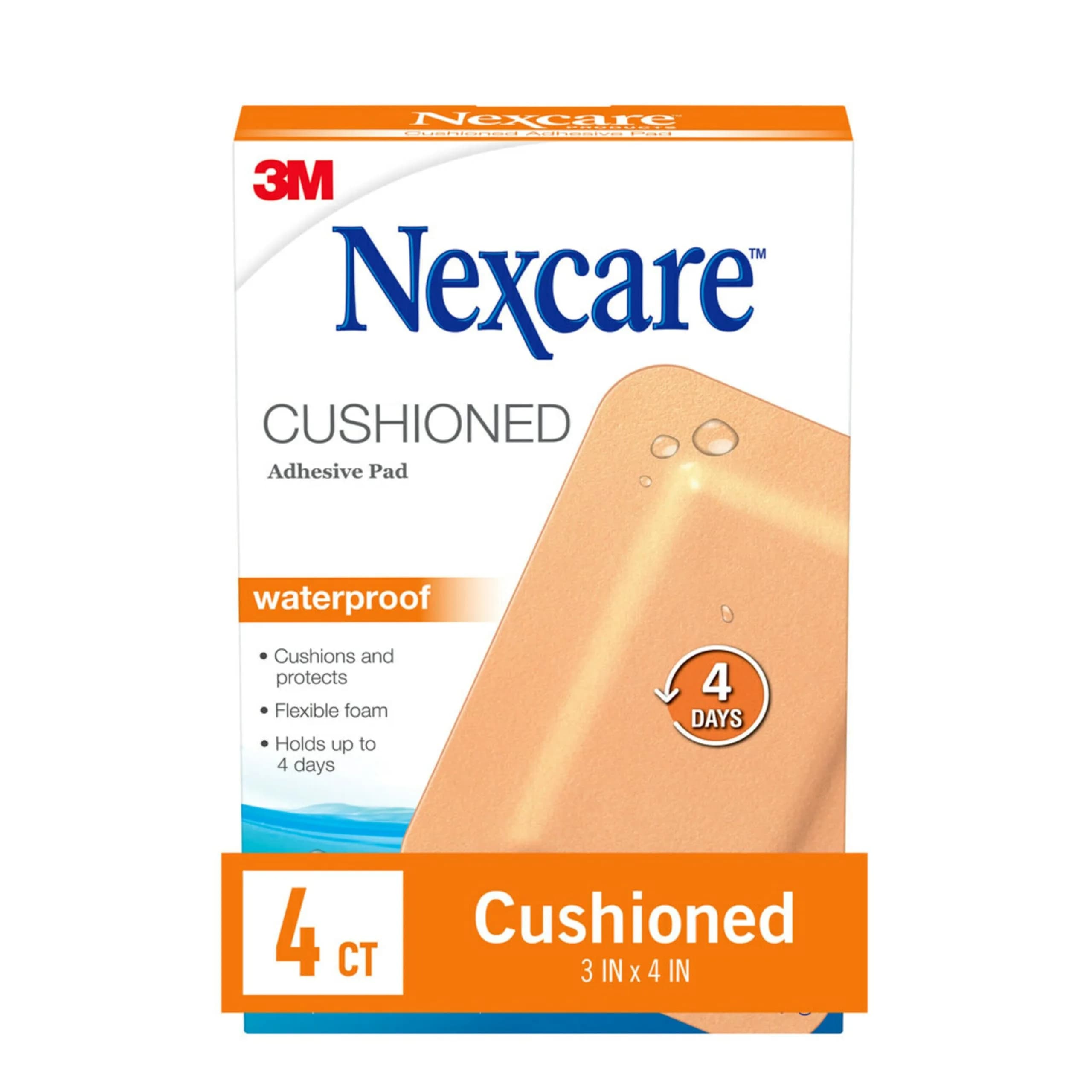 Nexcare Waterproof Adhesive Gauze Pad, One Size | Cushioned, Water-Resistant Wound Cover — 4 Pads