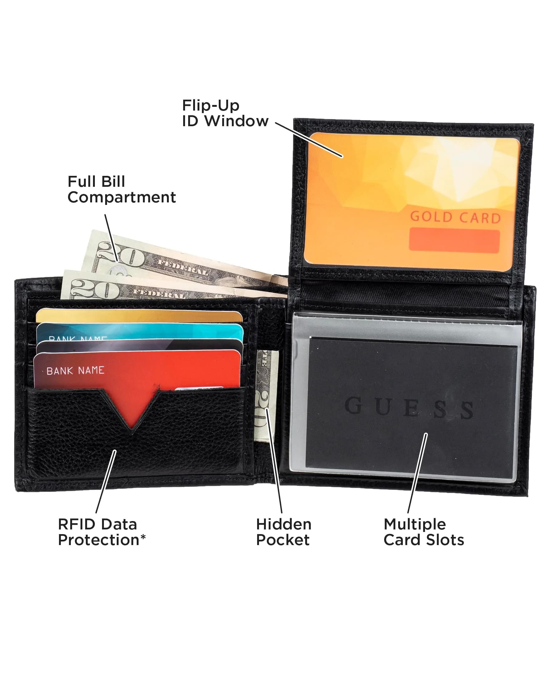 GUESS Men's Black Full-Grain Leather Passcase Wallet | RFID Blocking, 6 Card Slots, ID Window - view 5