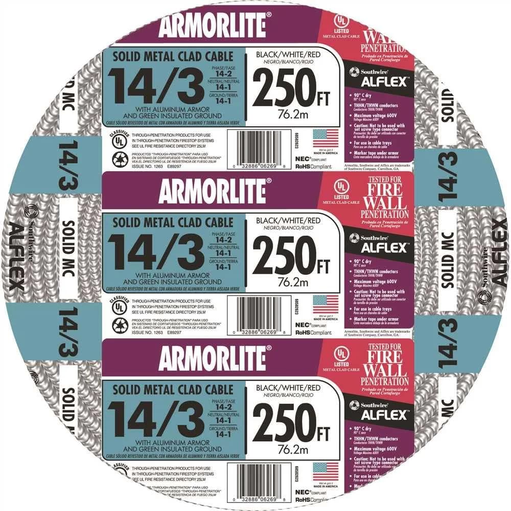 Southwire Armorlite Type MC Aluminum Armored Cable 14/3 600V 250 Ft Coil | Suitable for Commercial & Industrial Wiring