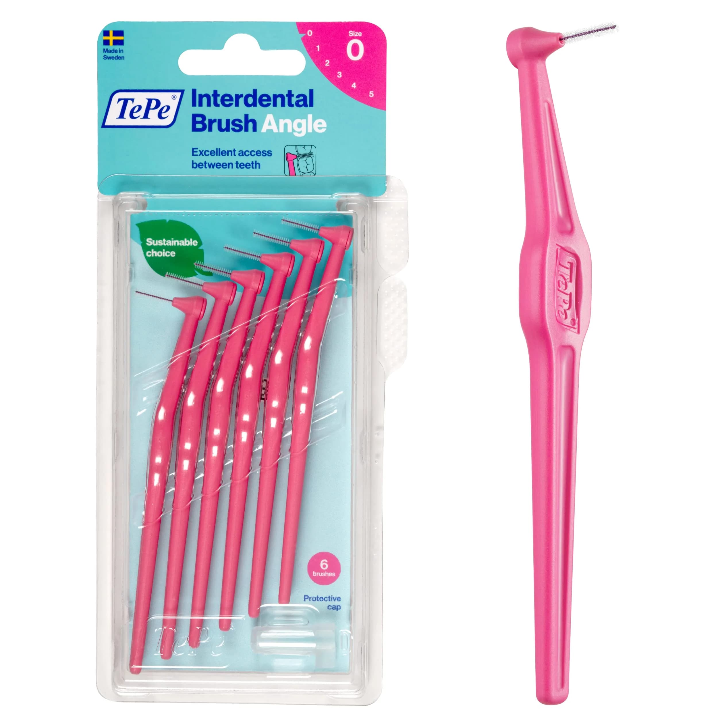 TePe Interdental Brush Angle, Pink, Size 0 | Angled Dental Brush for Teeth Cleaning, Pack of 6