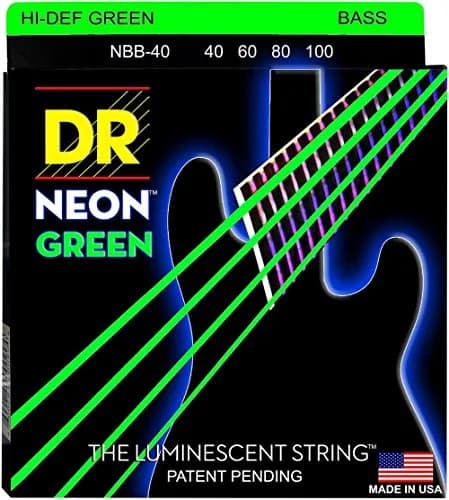 DR Strings NGB-40 Hi-Def Neon Green K3 Coated Bass Guitar Strings - .040-.100 Light | Bright, Long-Lasting Neon Coated Strings for Bass thumbnail 1