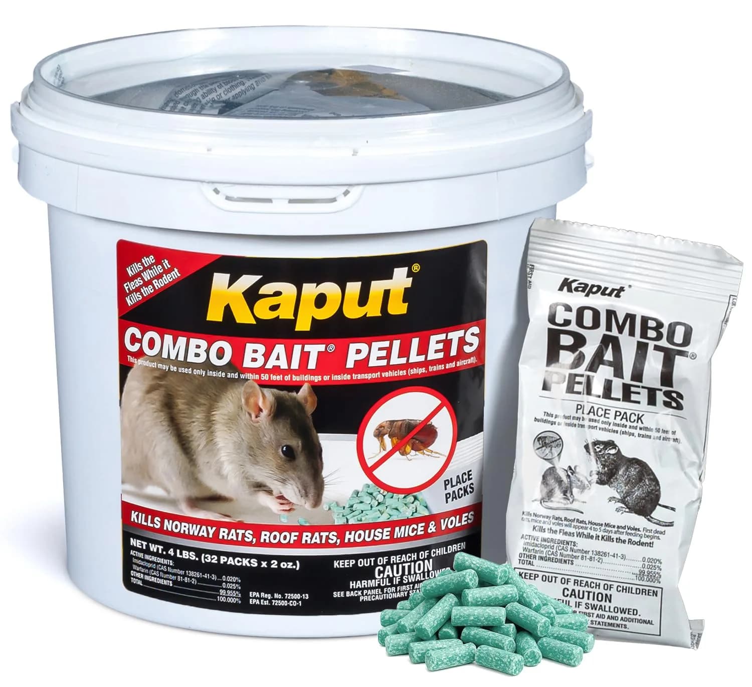 Kaput Combo Bait Pellets Rat & Flea Killer with Warfarin & Imidacloprid, 64 oz (32 x 2oz Place Packs) | EPA Registered Rodenticide — 2 Ounce